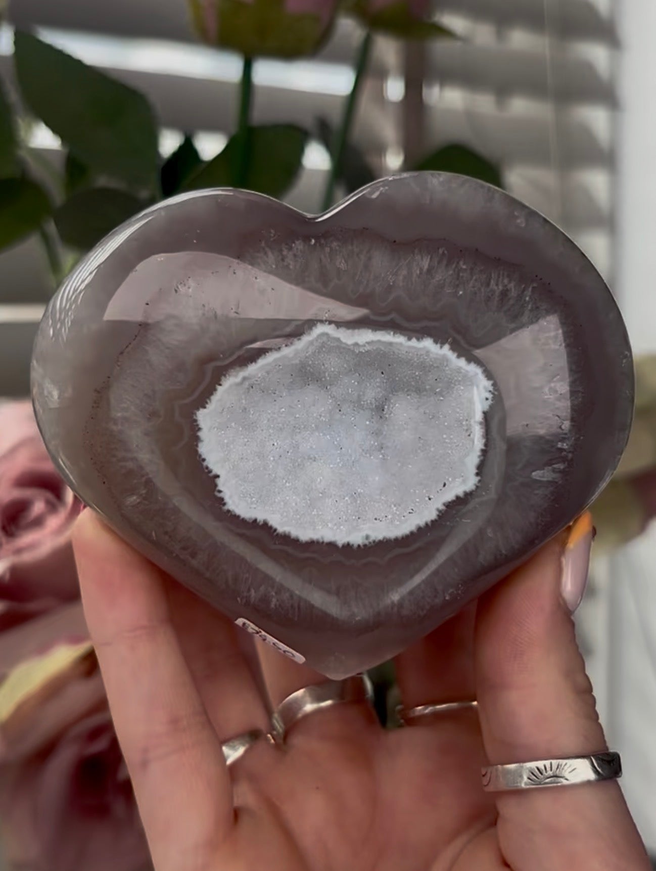 Beautiful, agate heart with baby blue sugar druzy - stand included