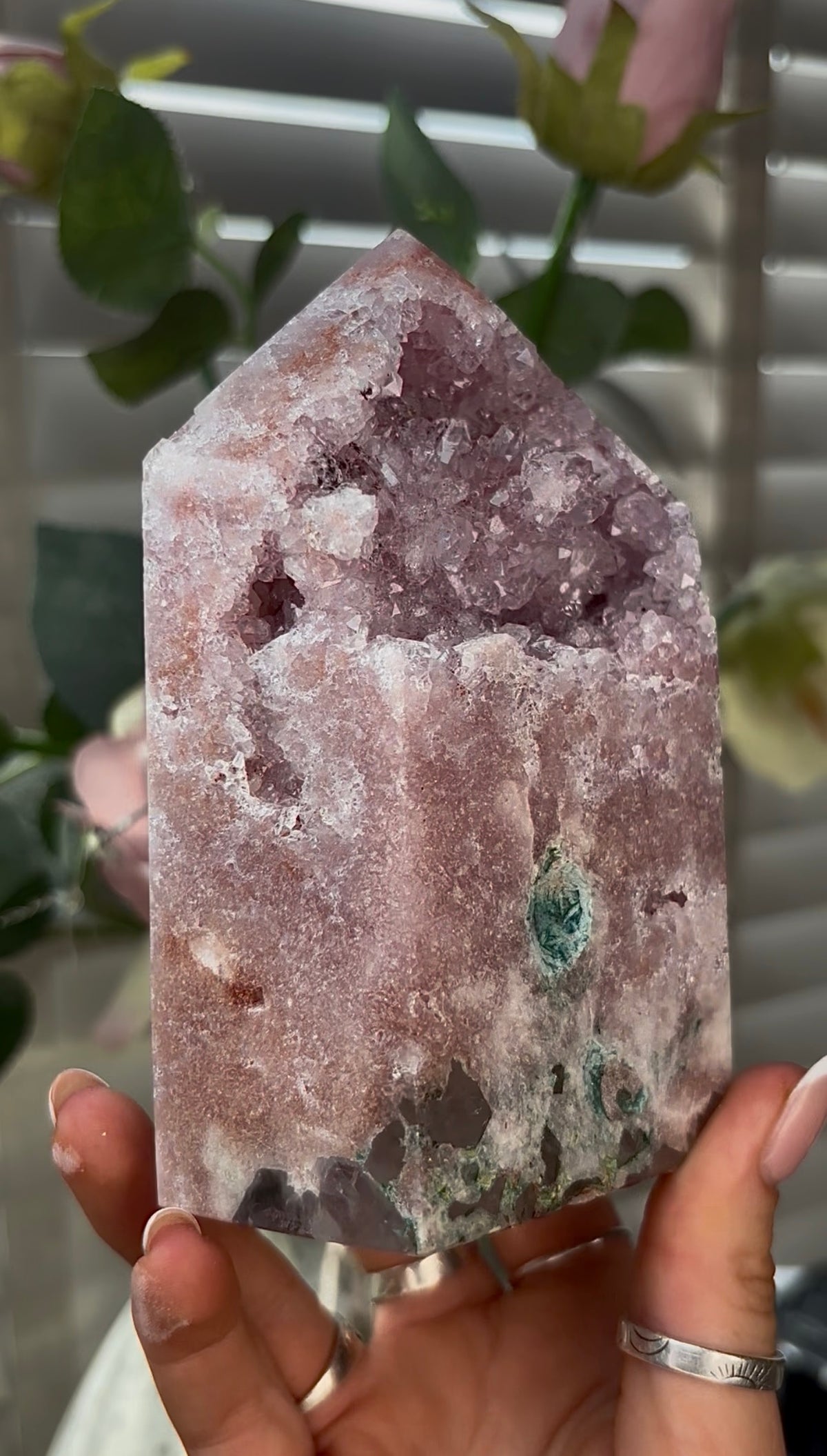 Beautiful, hq, druzy, chunky Pink amethyst tower 12.7cm(h) by 8.2cm(w)