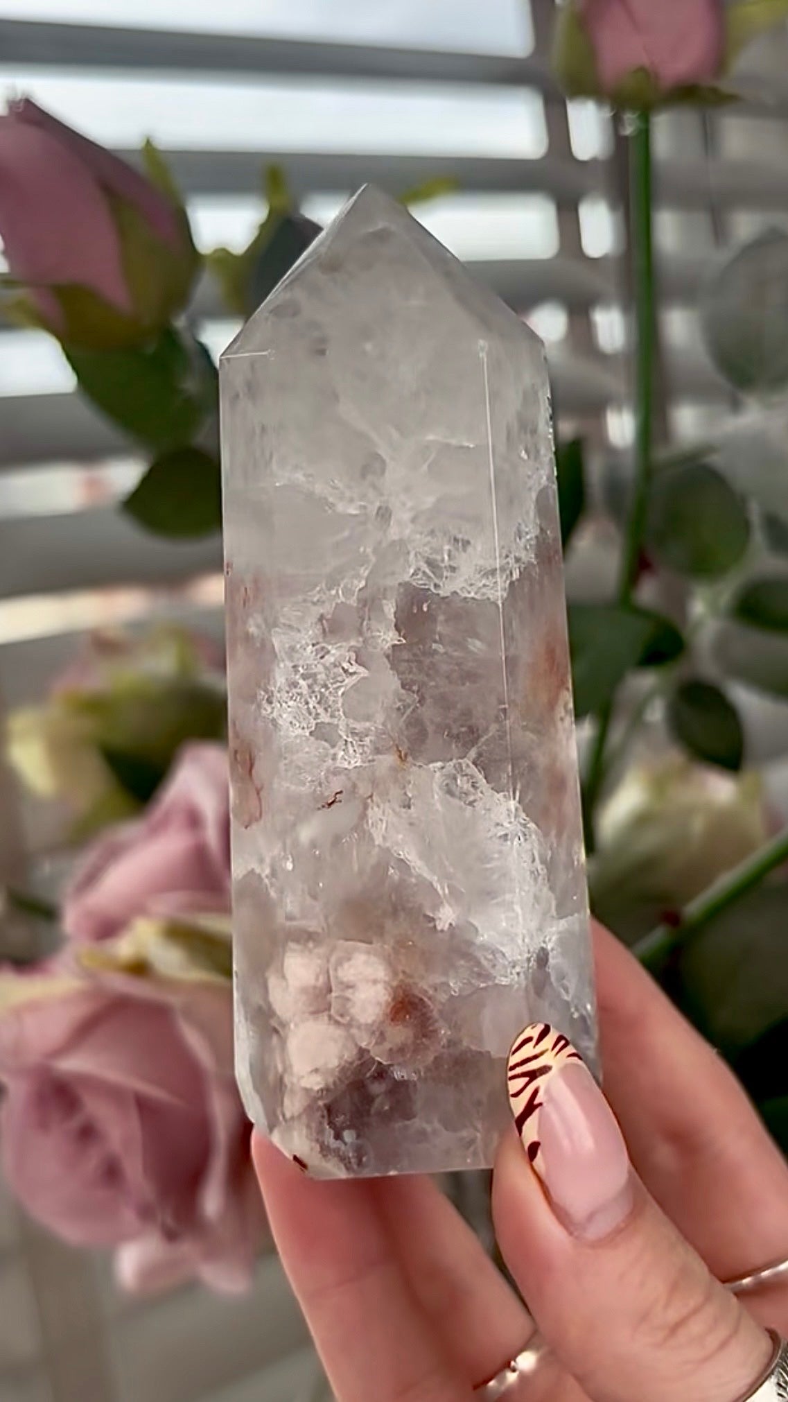 Stunning!! Super high quality, Druzy, green chlorite x blue flower agate tower