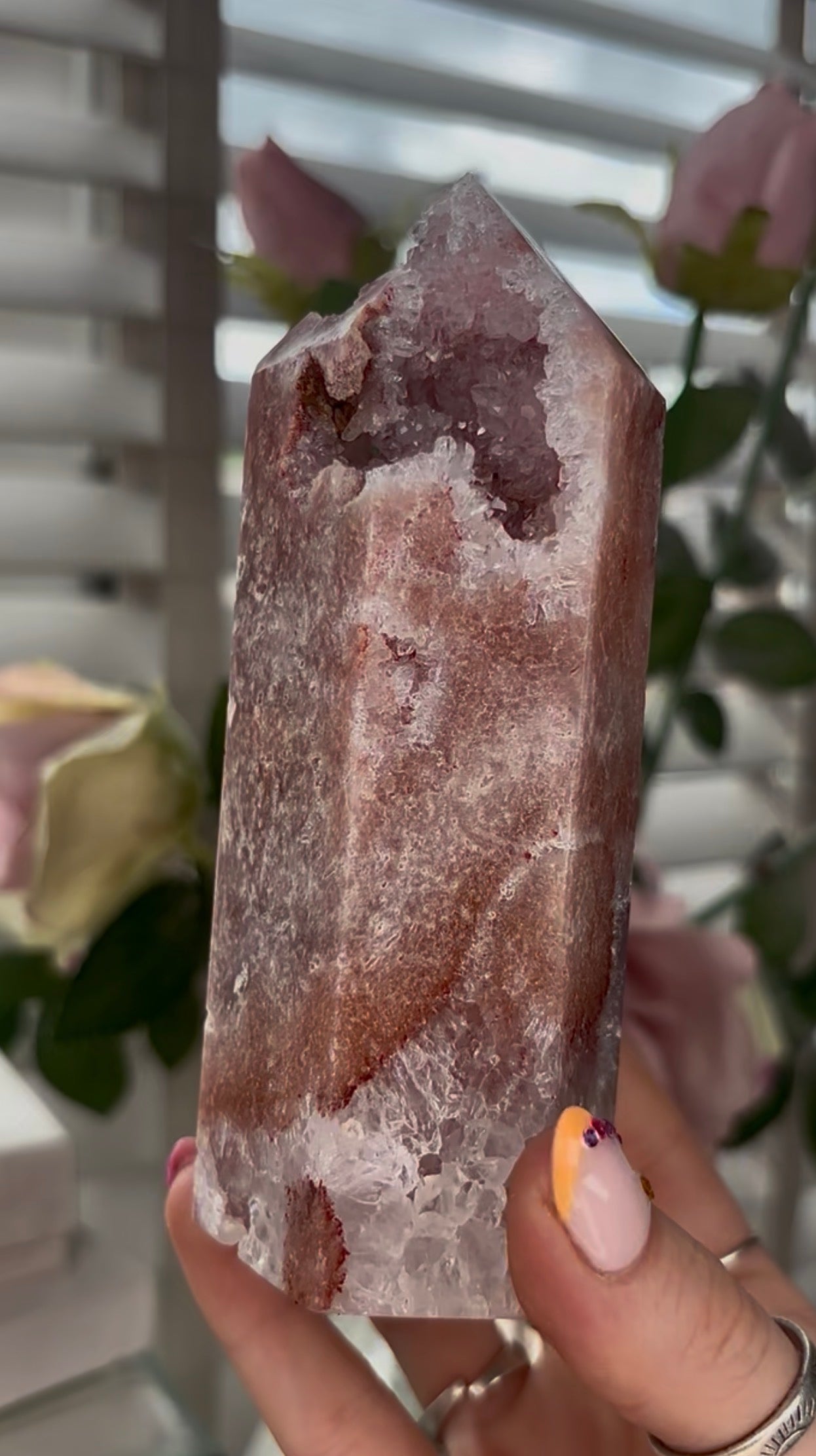 Pretty, Pink amethyst tower with quartz druzy