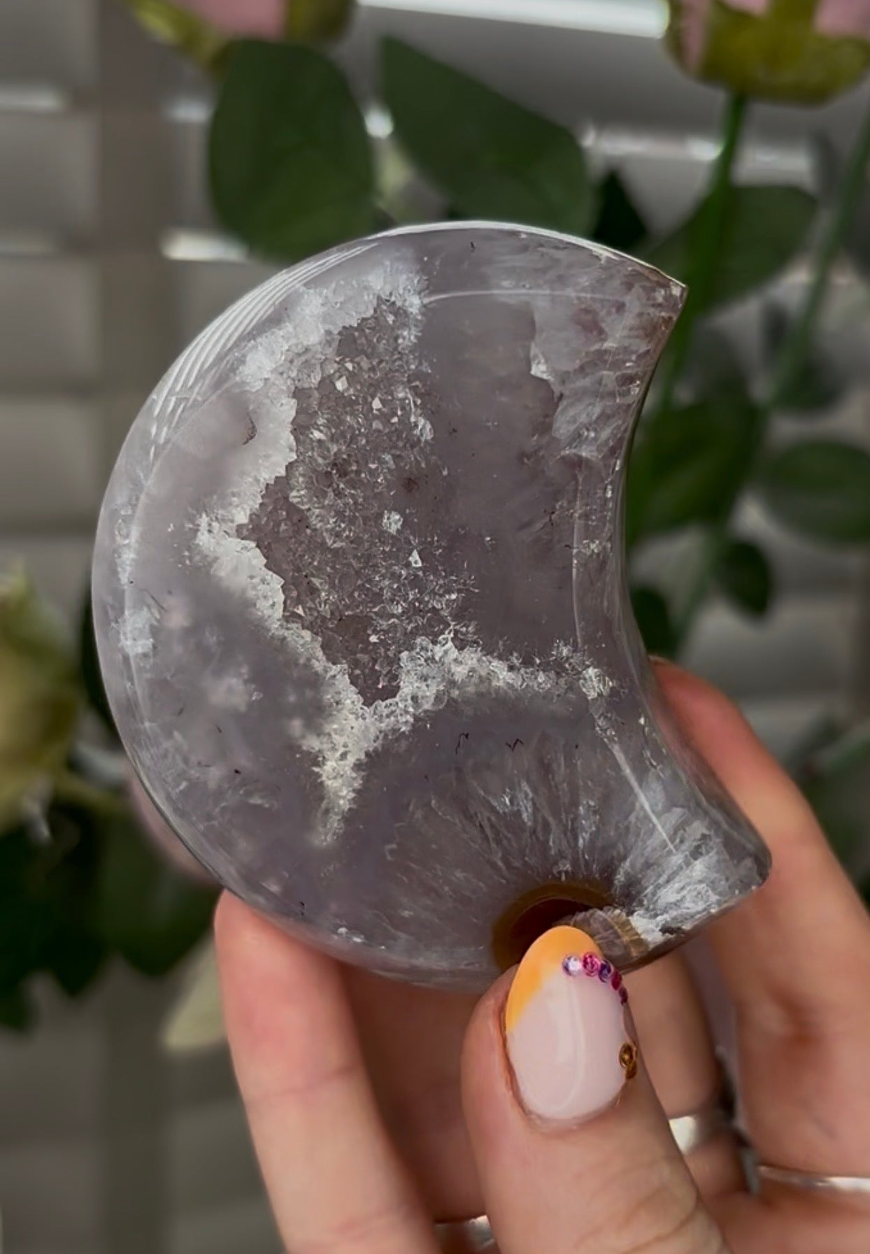 Beautiful, high grade, agate moon with druzy - comes with stand