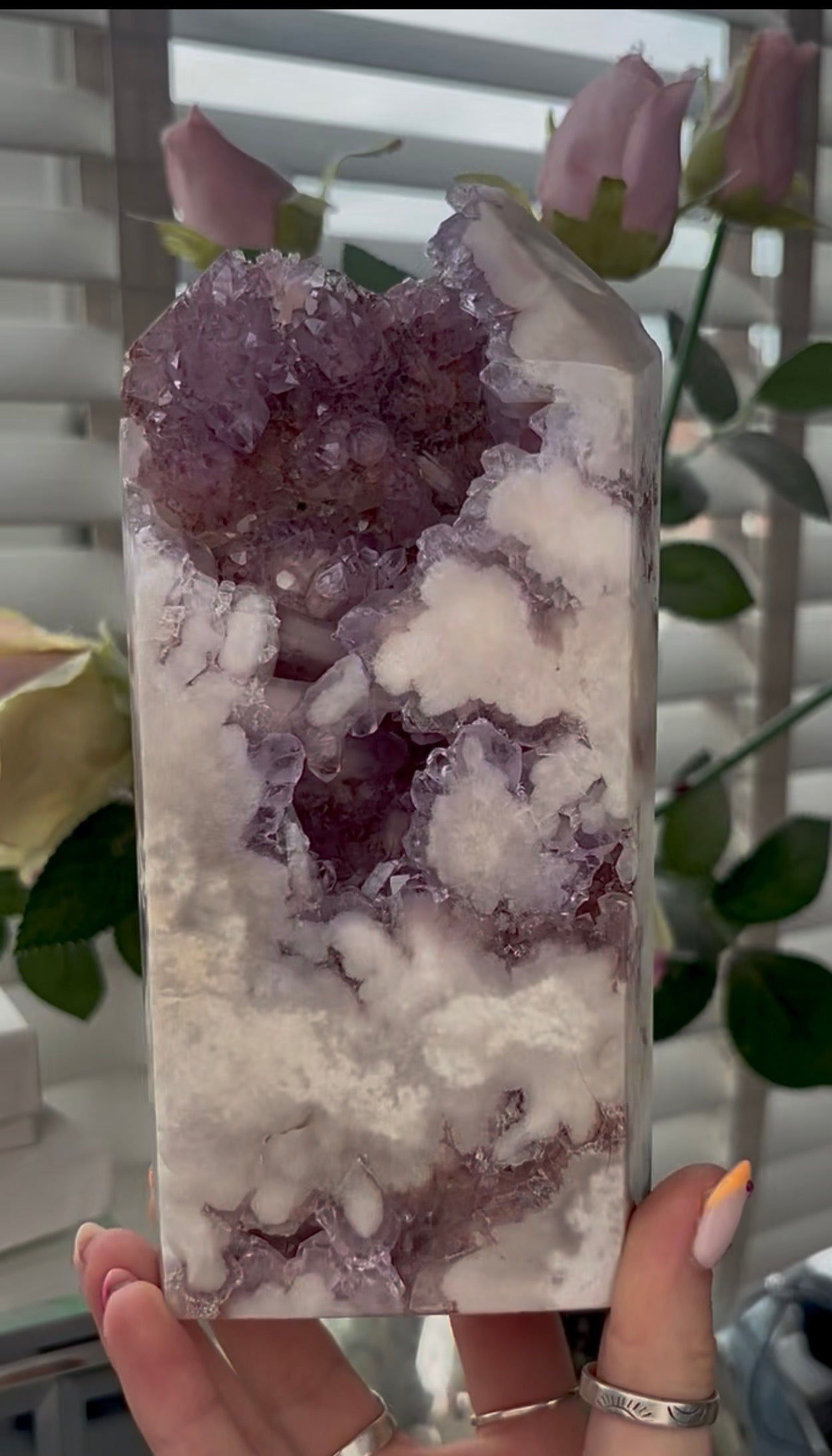 Huge, High quality, Pink amethyst tower, with purple quartz druzy