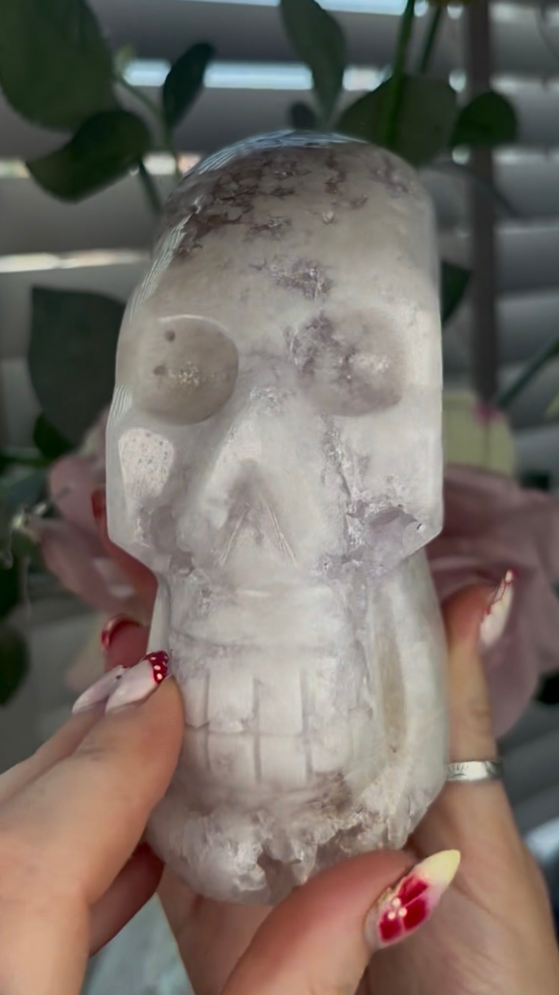 High grade, pink amethyst skull carving with chunky druzy