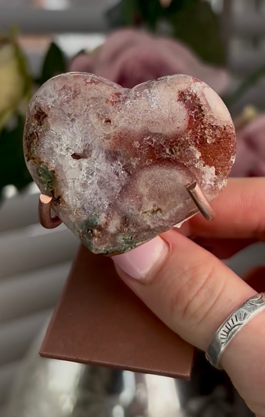 Mini pink amethyst heart - comes with stand