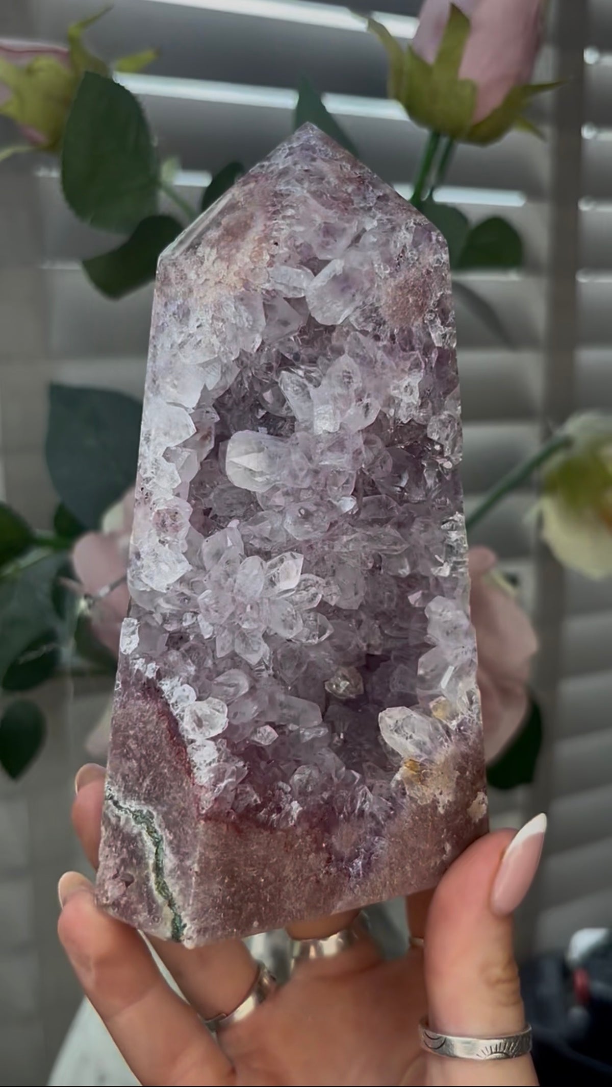 Beautiful, high quality, Pink amethyst tower with lilac quartz druzy teeth  14.7cm(h) by 8cm(w)