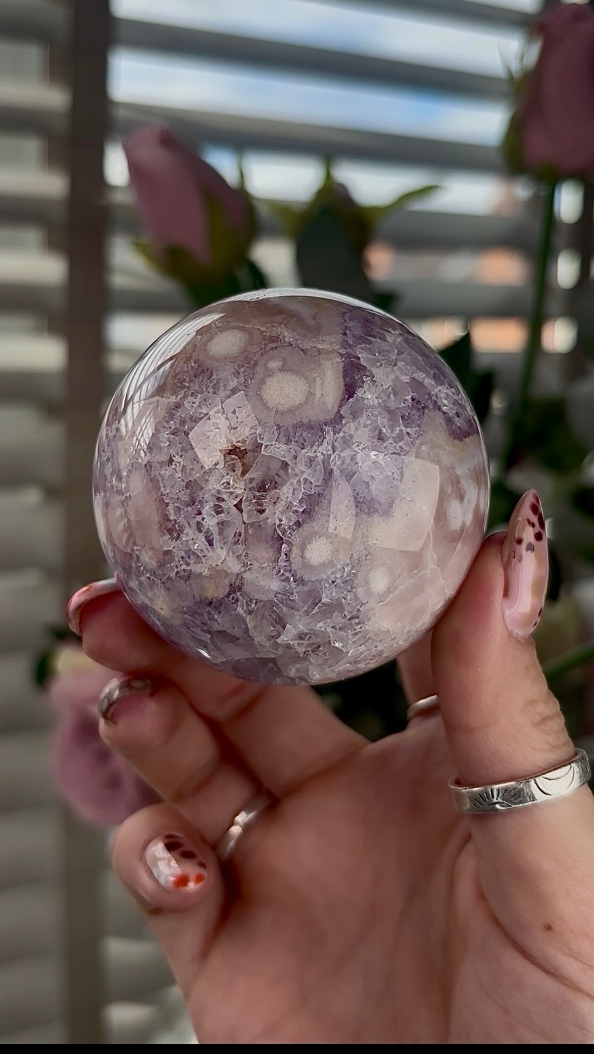 High grade, amethyst Flower agate sphere with druzy quartz