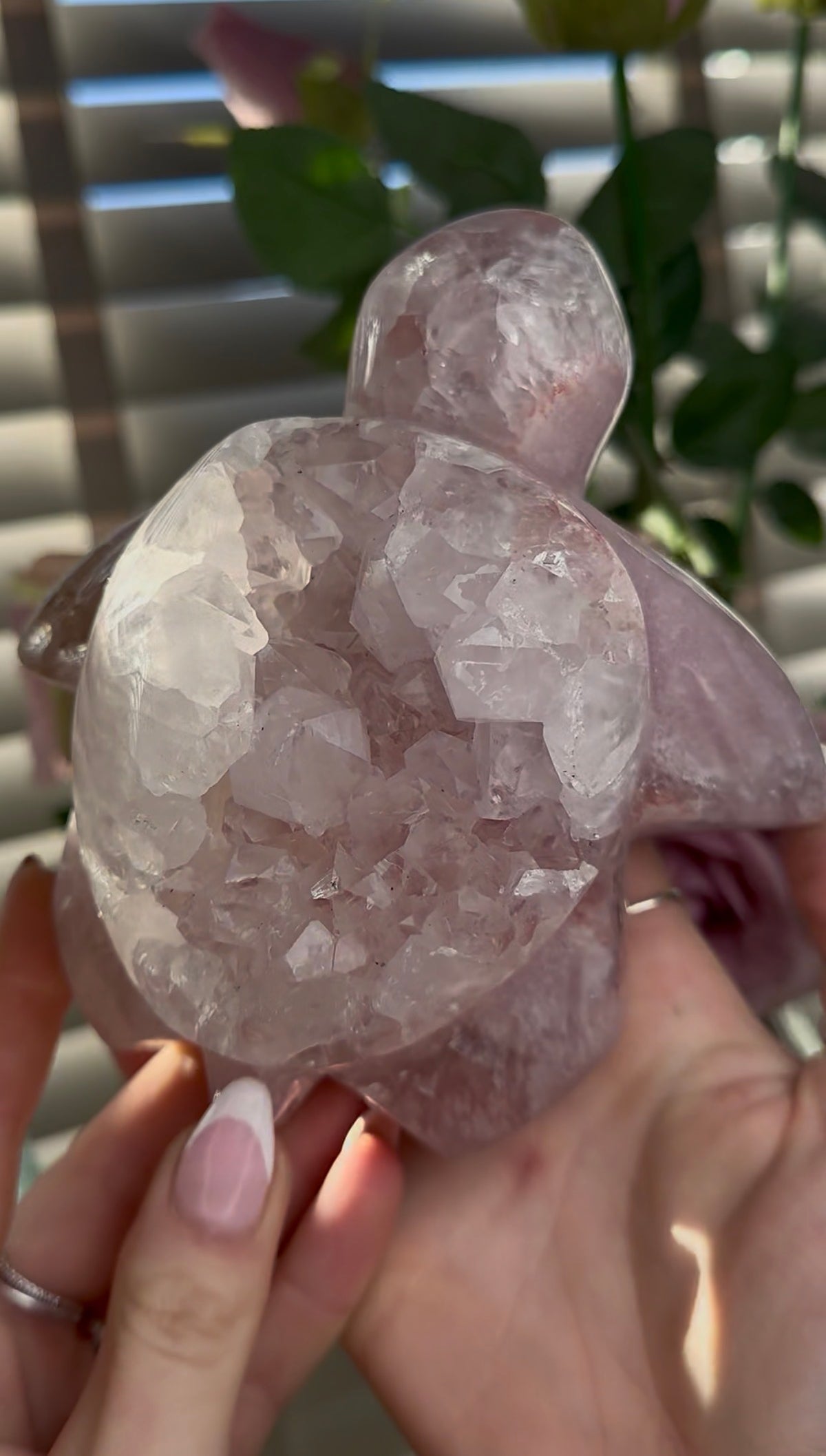 High grade, pink amethyst with chunky quartz sea turtle carving