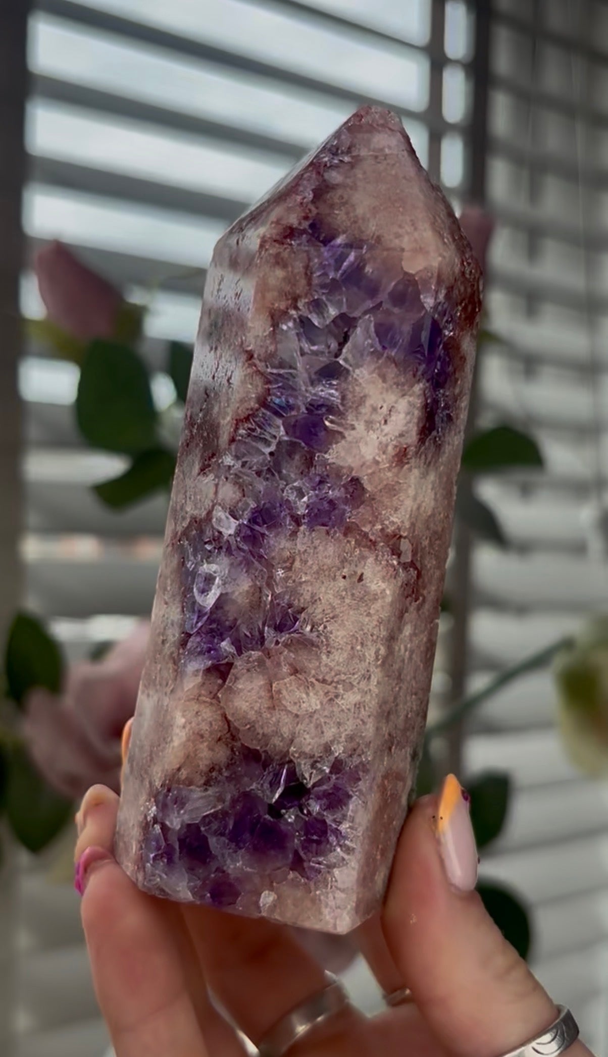 High quality, Pink amethyst tower, with purple quartz druzy
