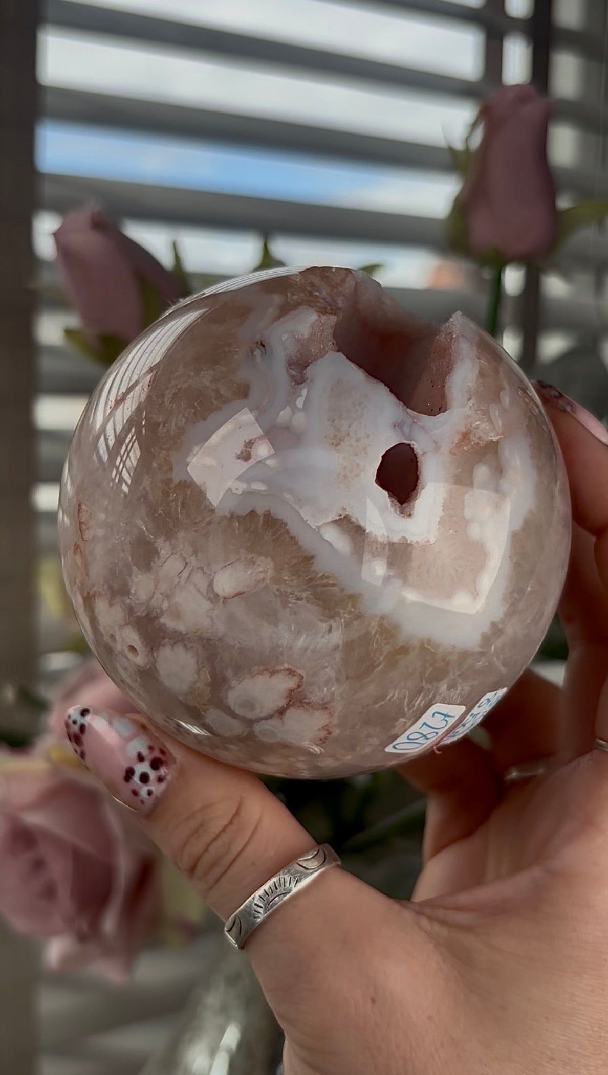 High grade, amethyst Flower agate sphere with high clarity quartz 8.5cm