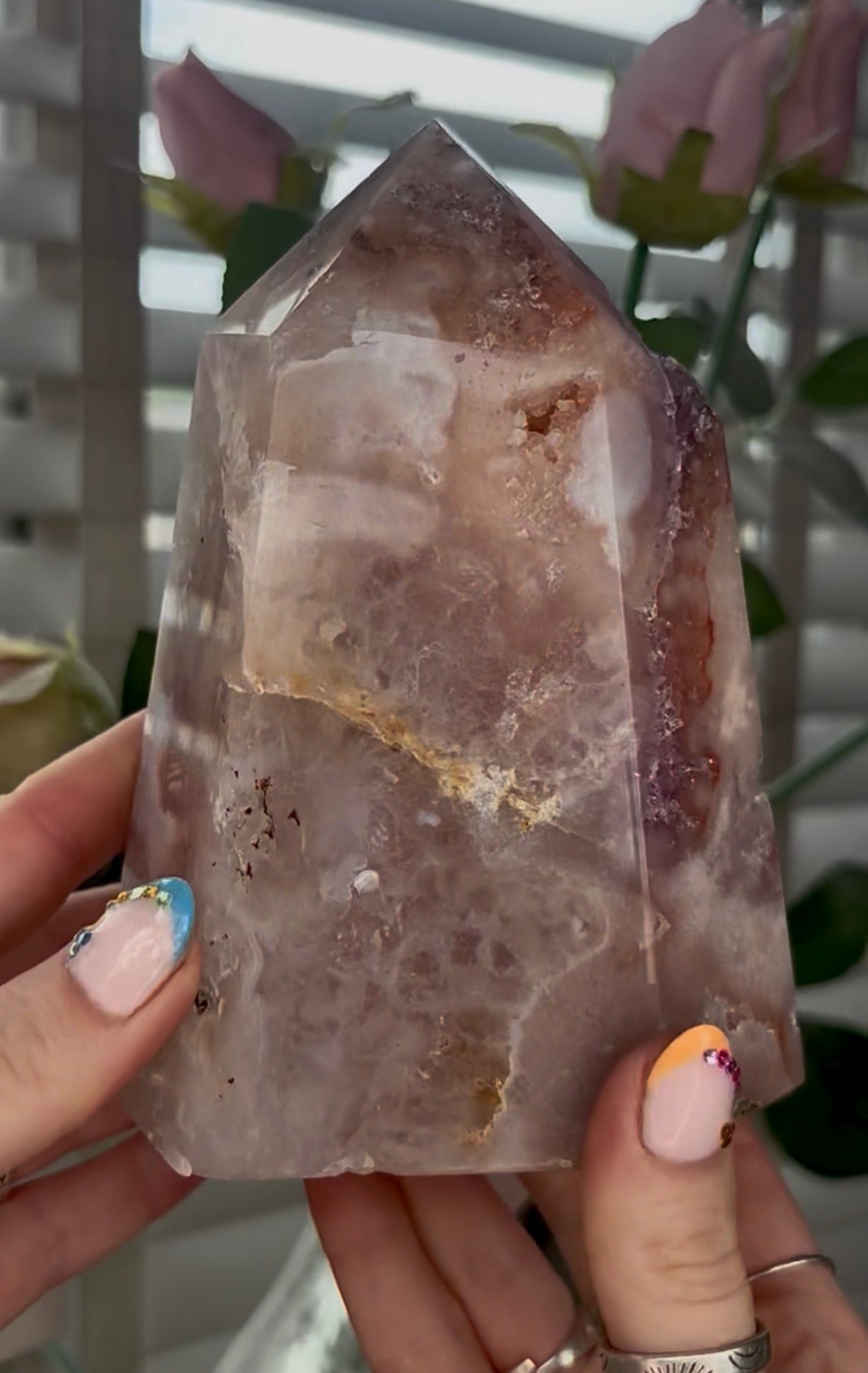 Huge, Beautiful, Pink amethyst tower with purple quartz druzy