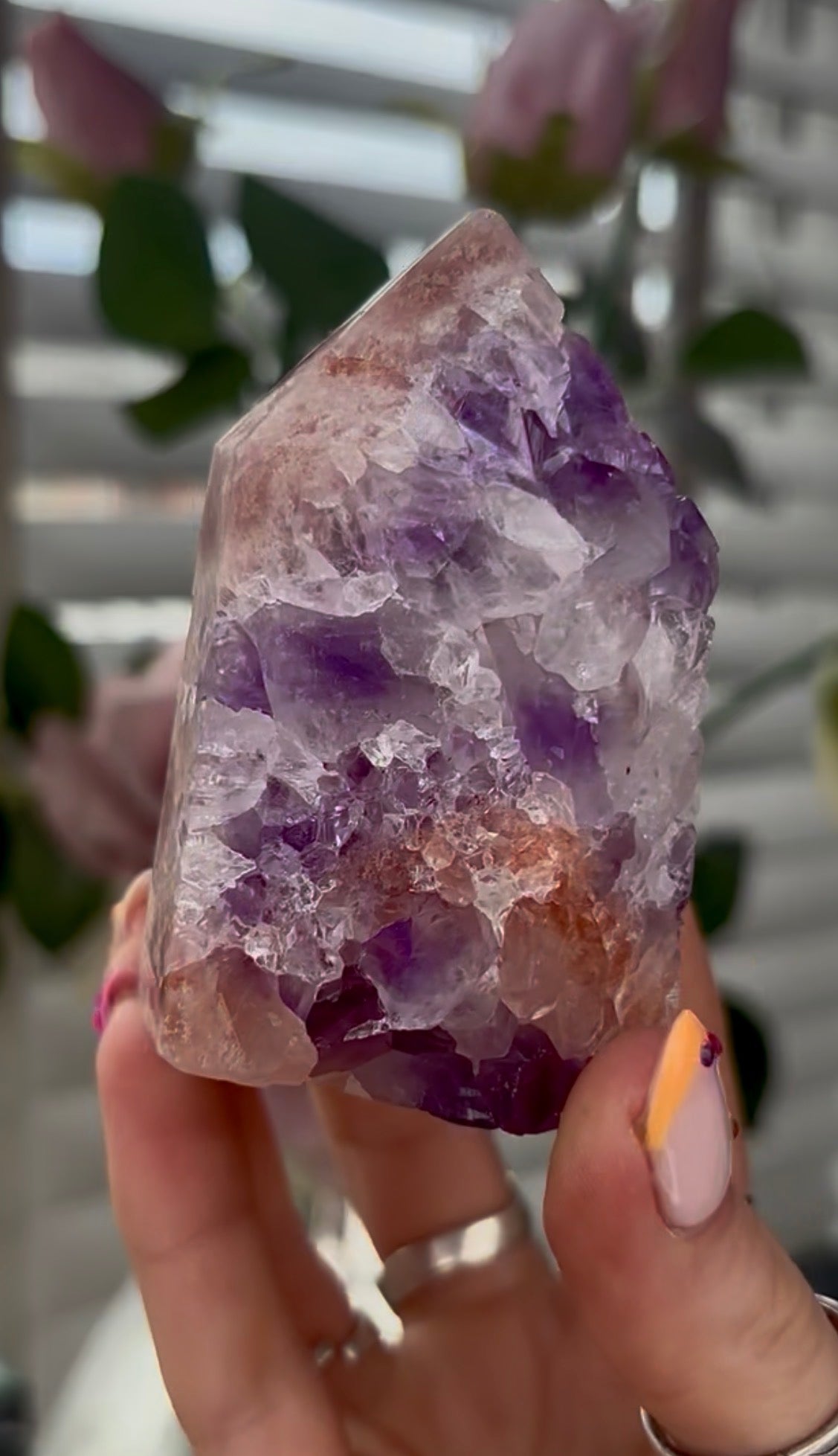 High quality, Pink amethyst tower, with purple quartz druzy
