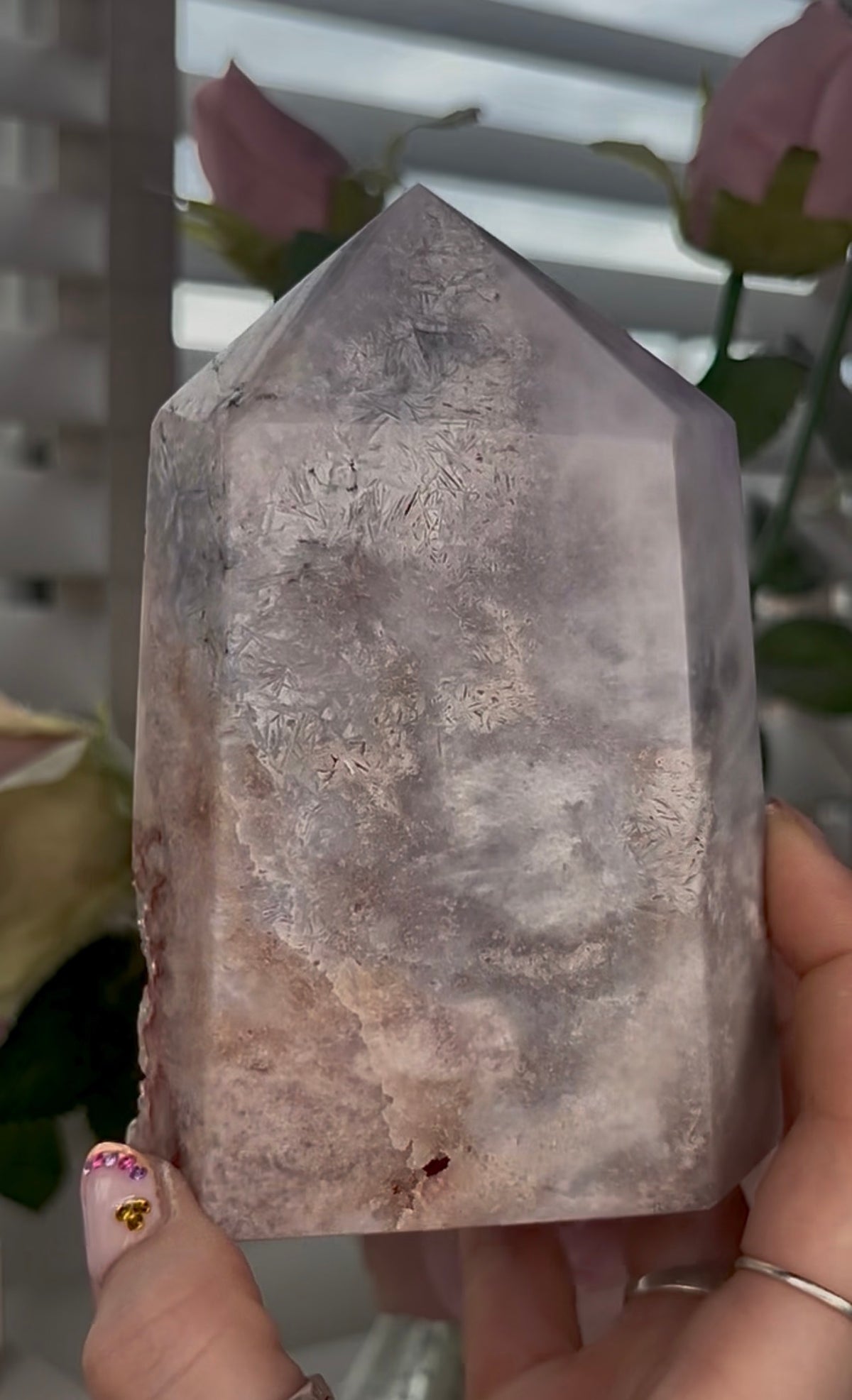 Large, High quality, Pink amethyst tower, with orange druzy