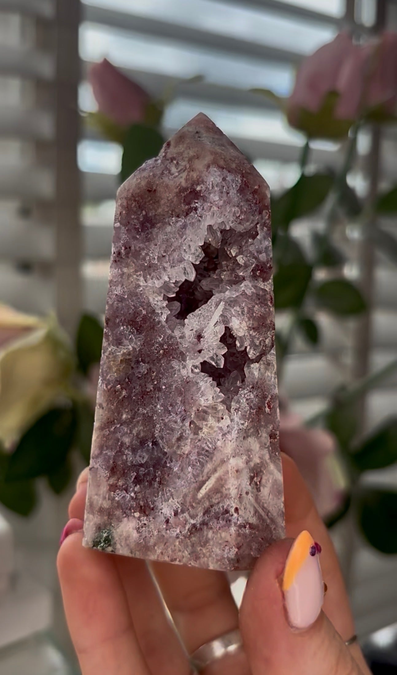Pretty, Pink amethyst tower with Druzy & green Jasper