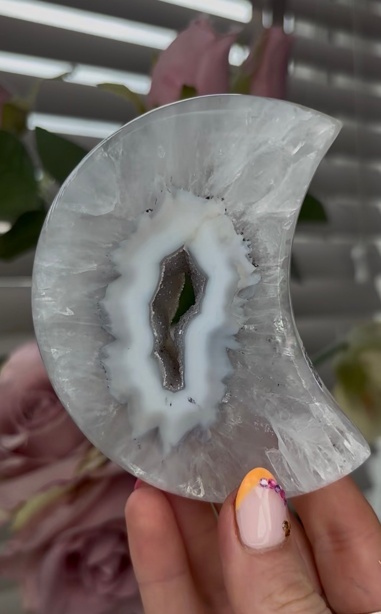Beautiful, high grade, agate moon with druzy - comes with stand
