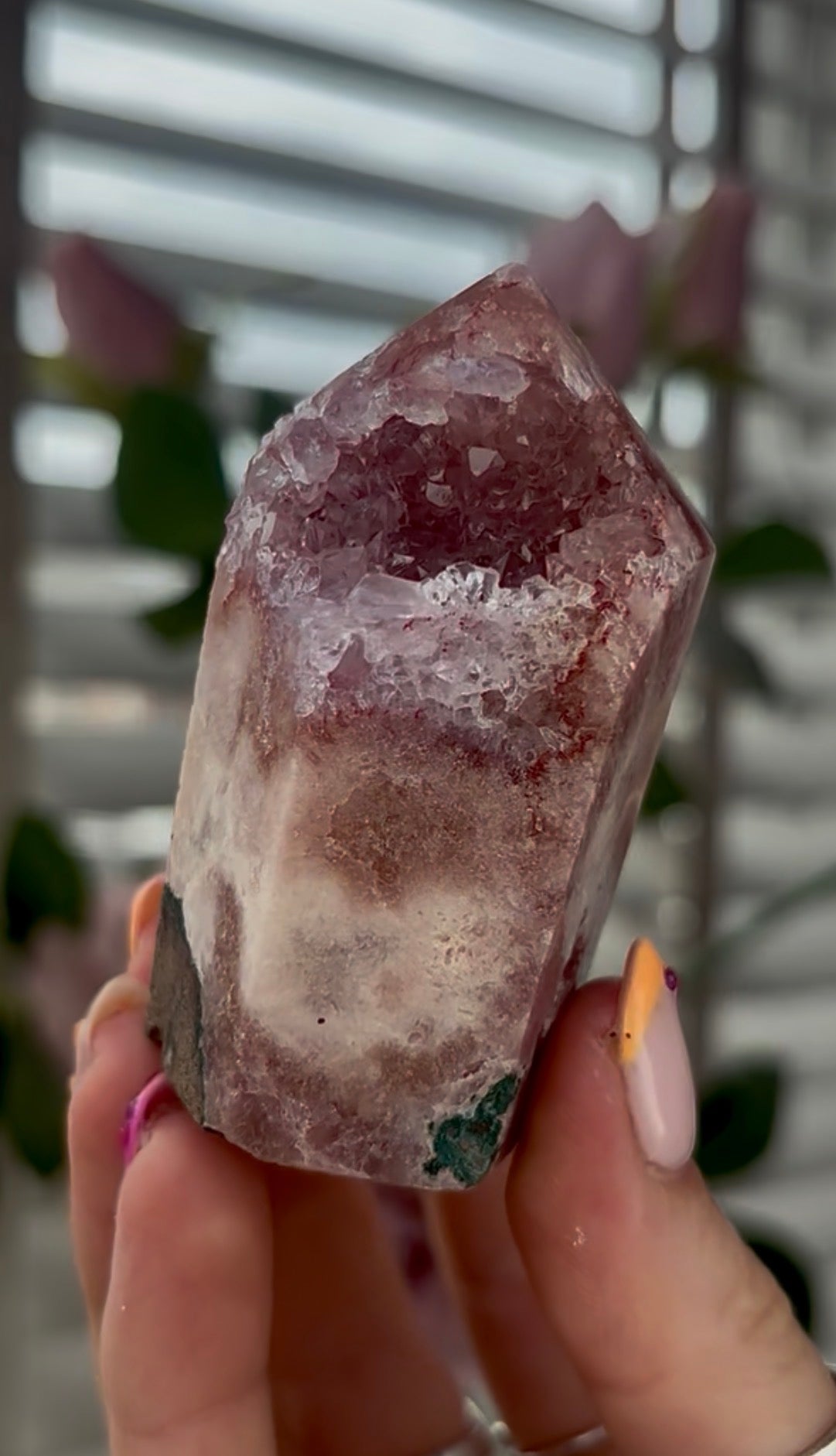 High quality, Pink amethyst tower, with quartz top & Green jasper