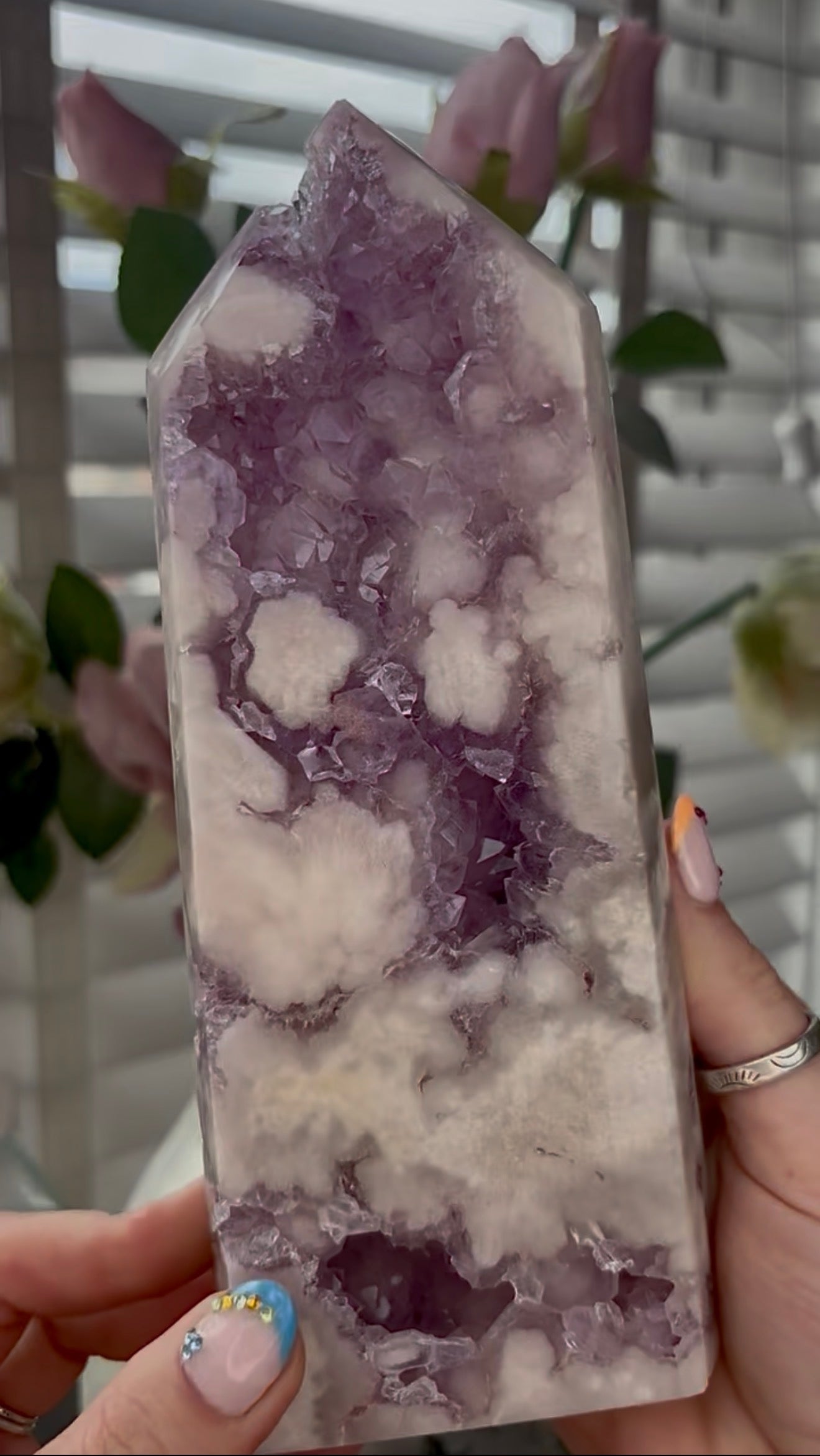Huge, High quality, Pink amethyst tower, with purple quartz druzy