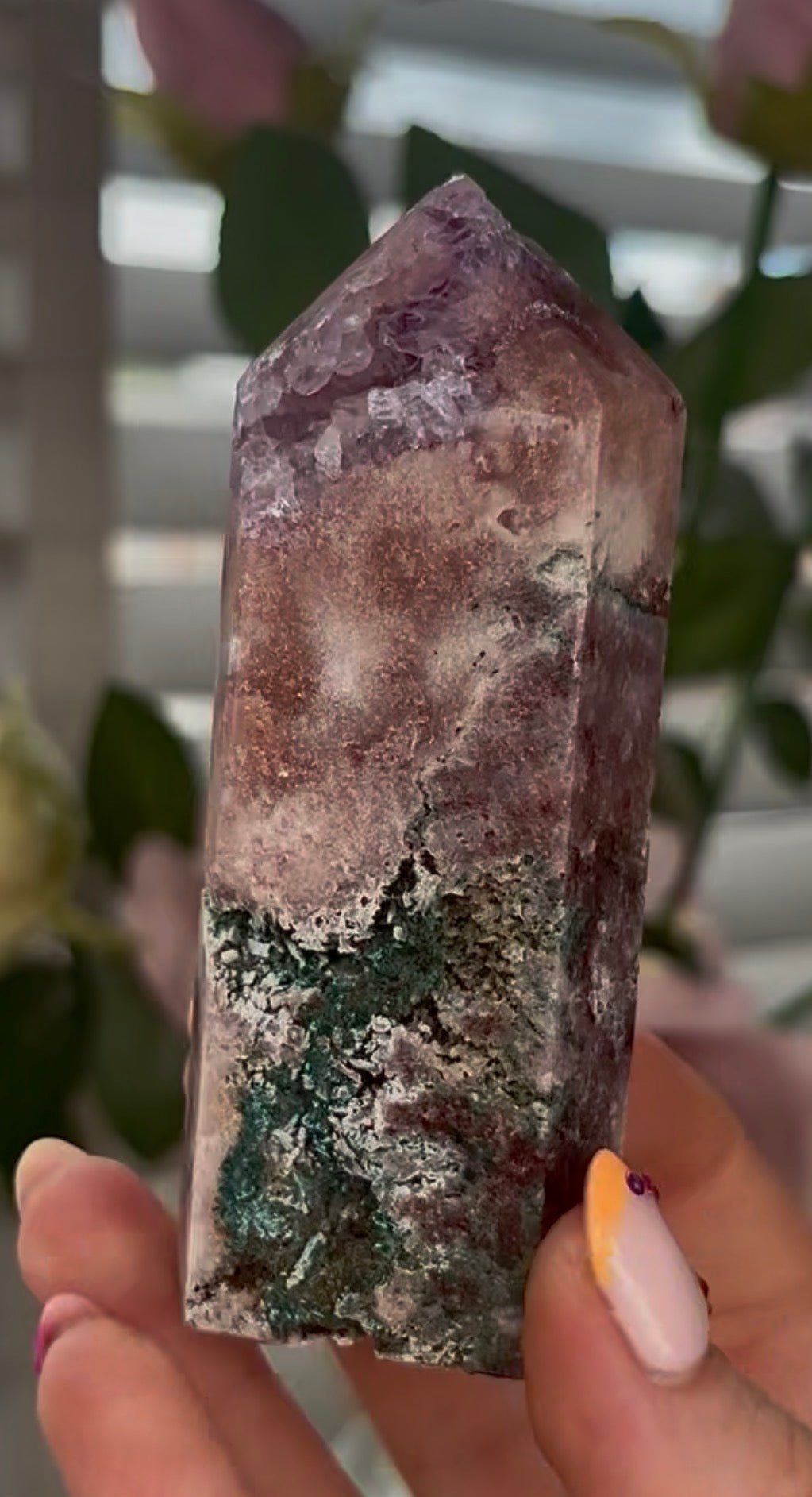 Pretty, Pink amethyst tower, with purple quartz druzy & green jasper