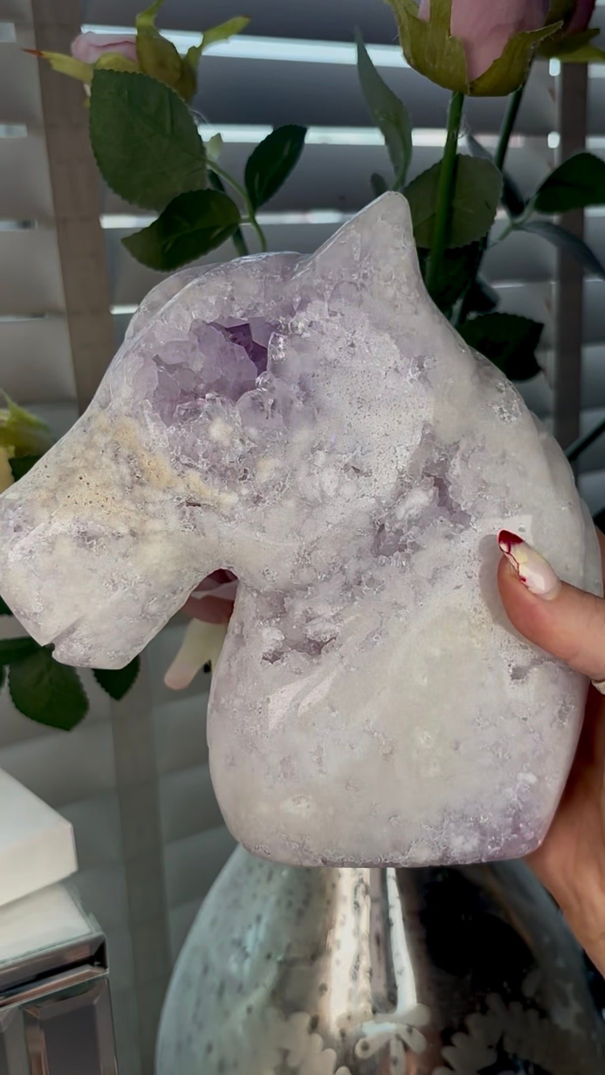High grade, large, pink amethyst horse carving