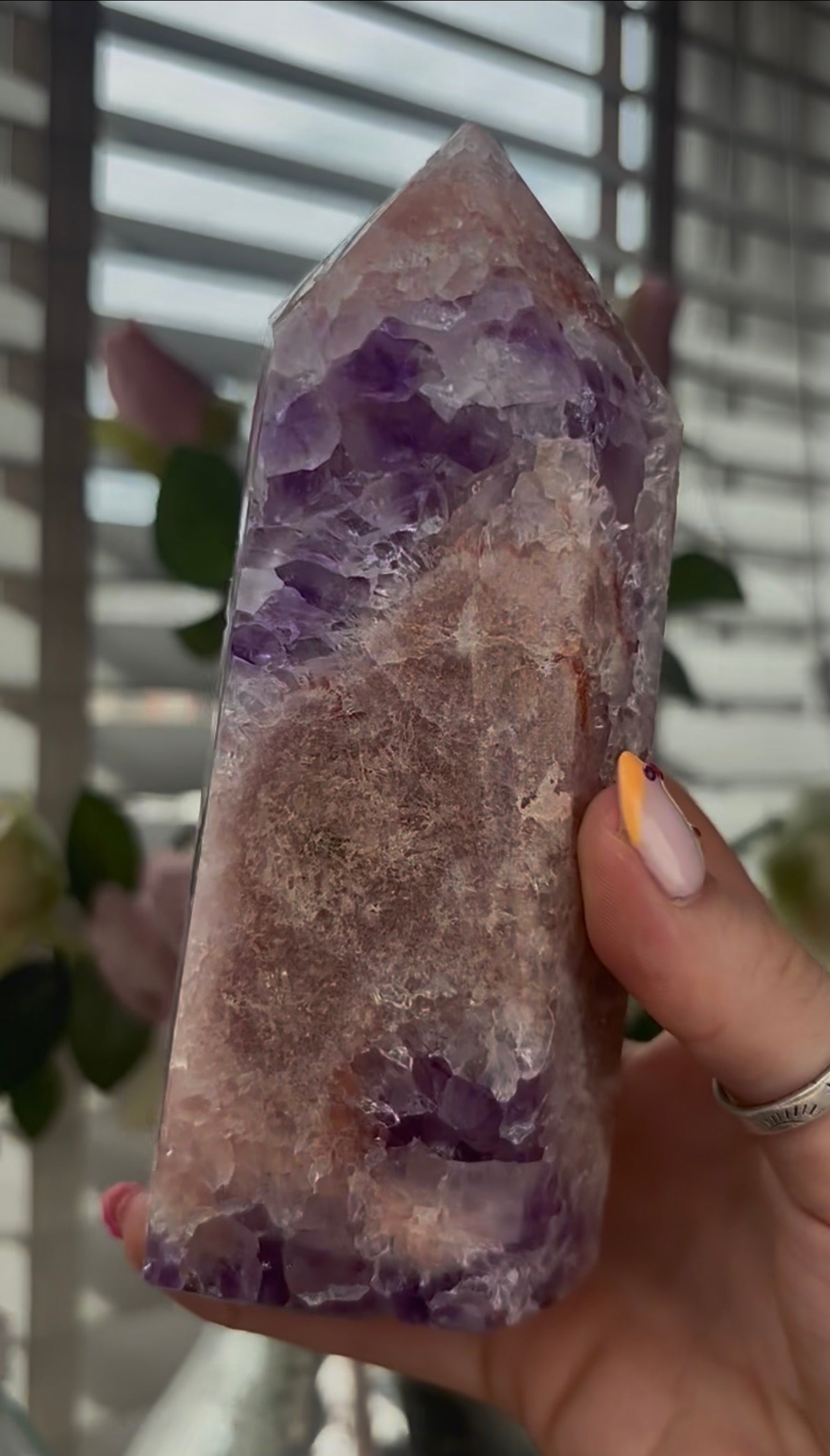 Beautiful, large, high quality, Pink amethyst tower with purple quartz