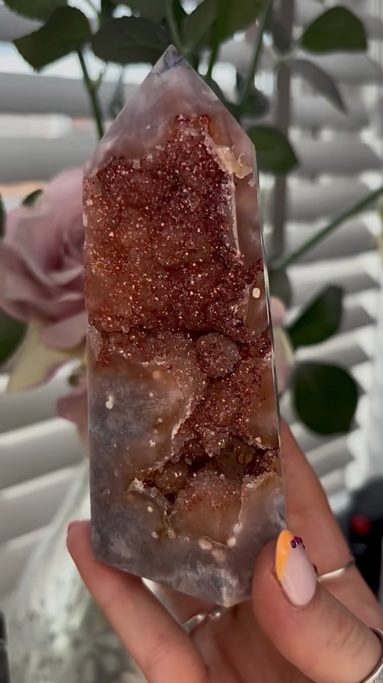 Beautiful, large, high quality, Pink amethyst tower with burnt orange/red druzy