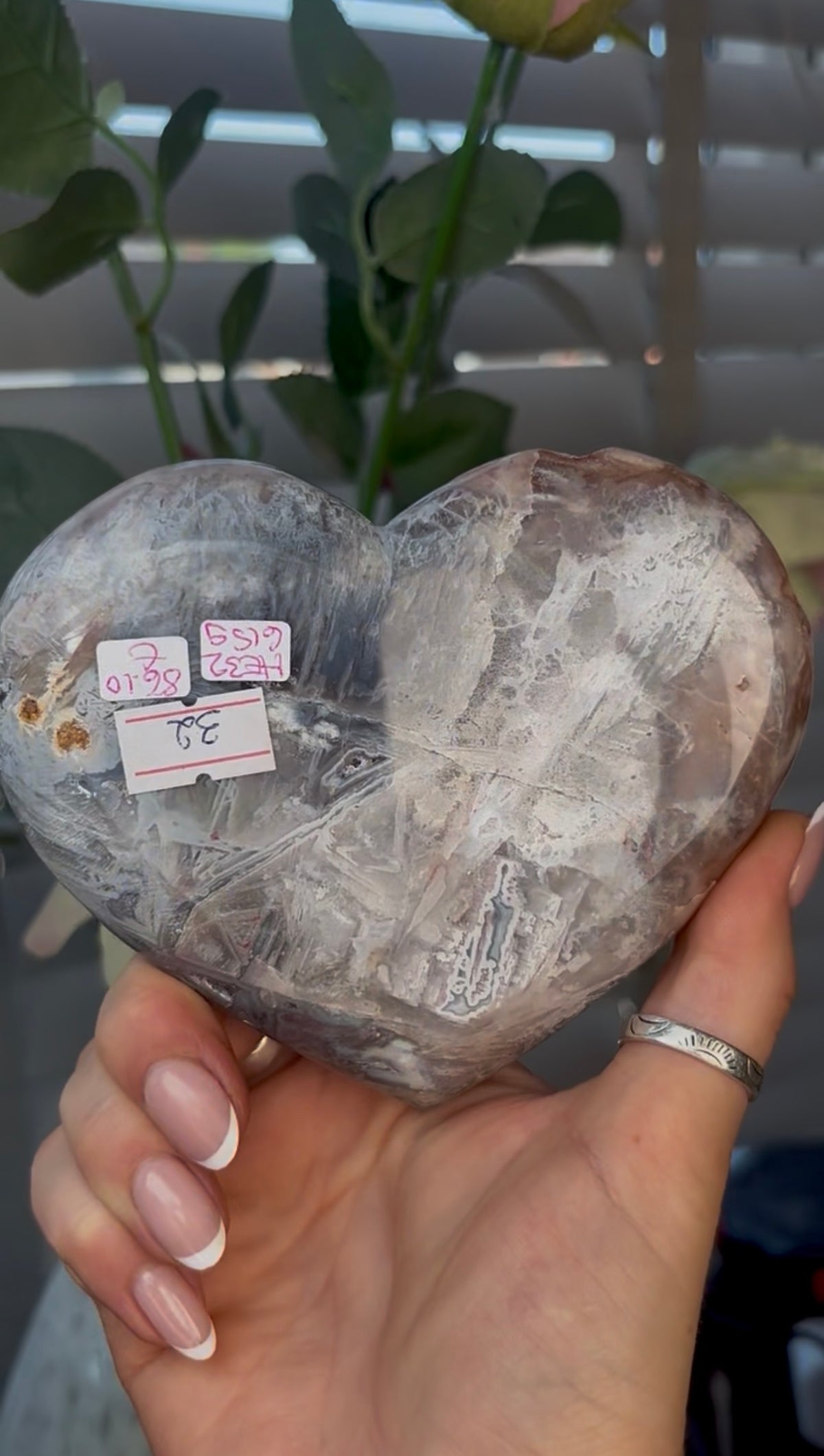 Gorgeous, pink amethyst heart- comes with stand