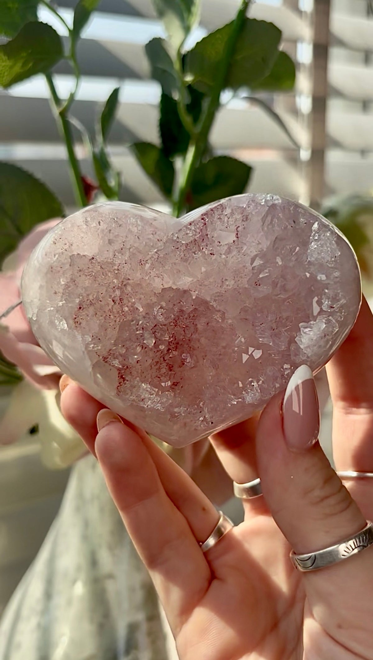 Gorgeous, pink amethyst heart- comes with stand