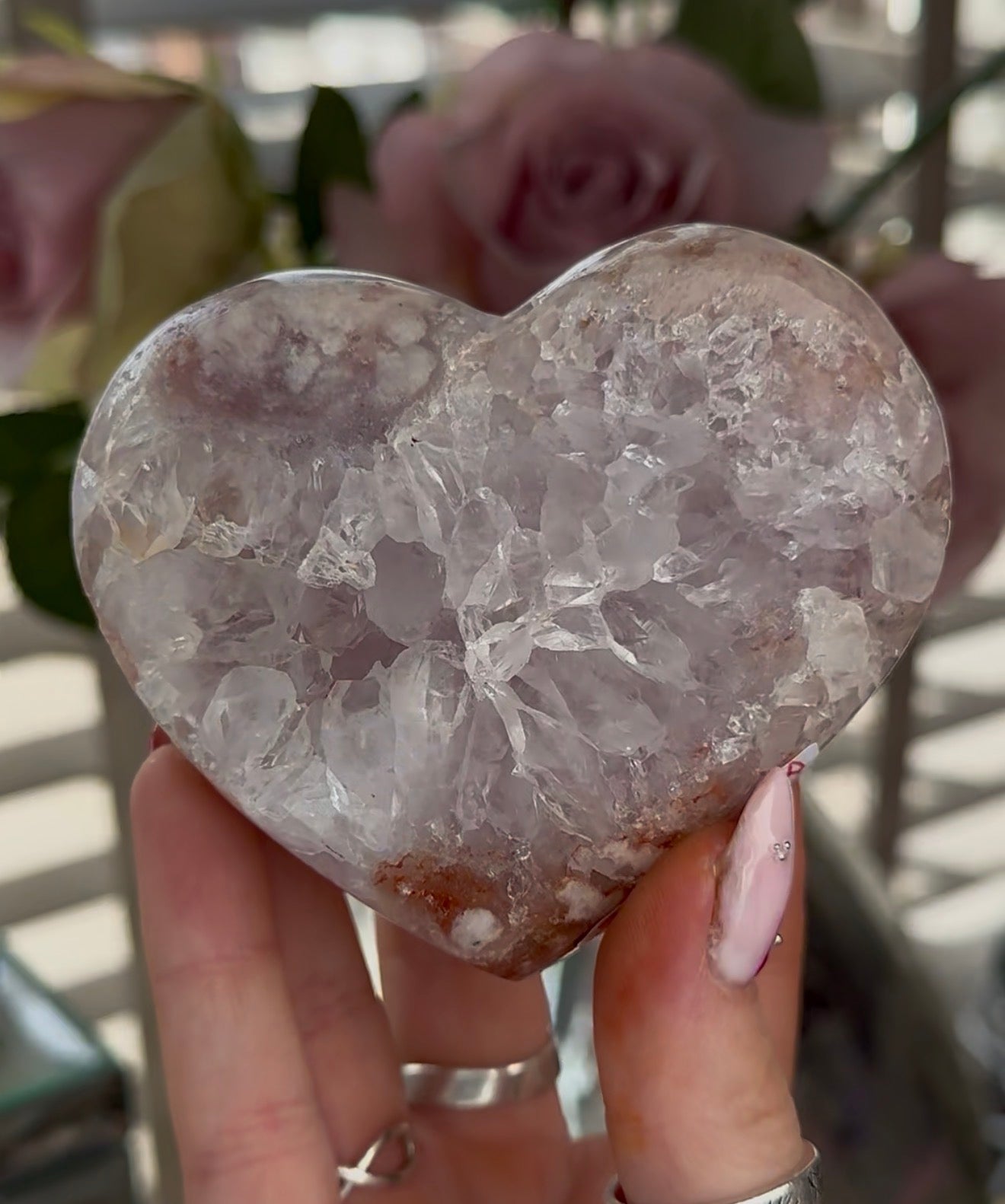Hq pink amethyst heart with quartz - comes with stand