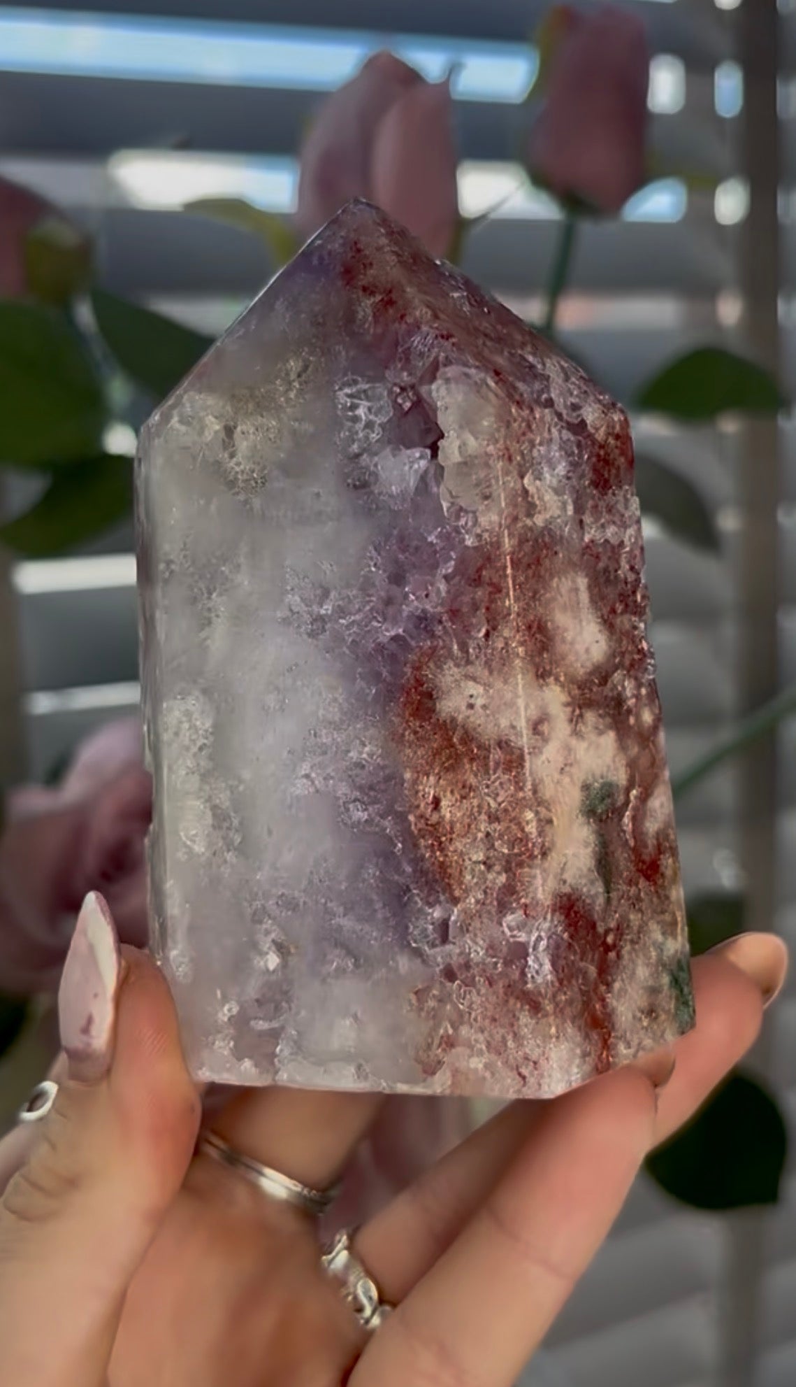 Beautiful, high quality, Pink amethyst tower with quartz & flower formations