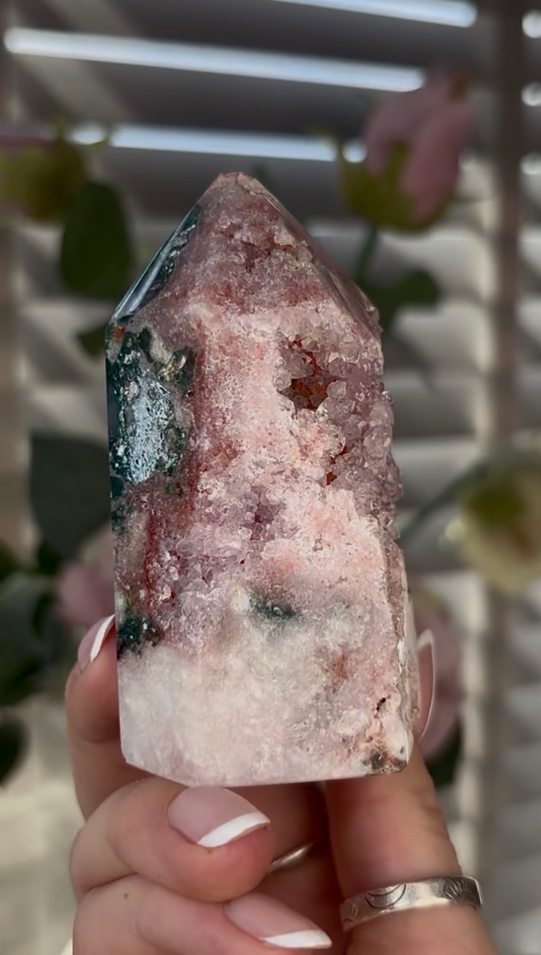 Beautiful, Pink amethyst tower with Jasper 8.5cm(h) by 5cm(w)