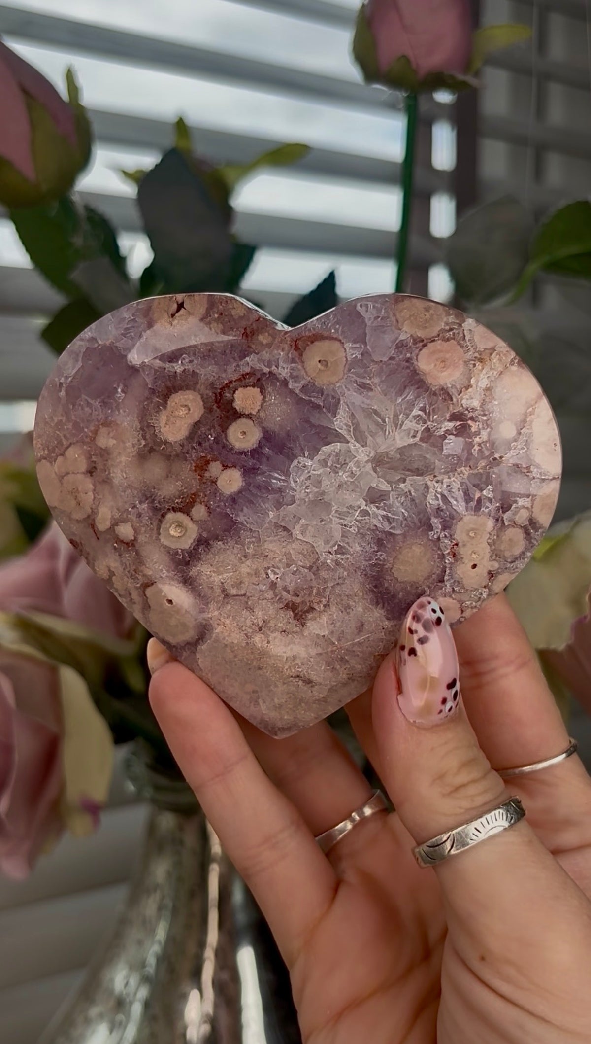 High grade, Amethyst Flower agate heart with stand