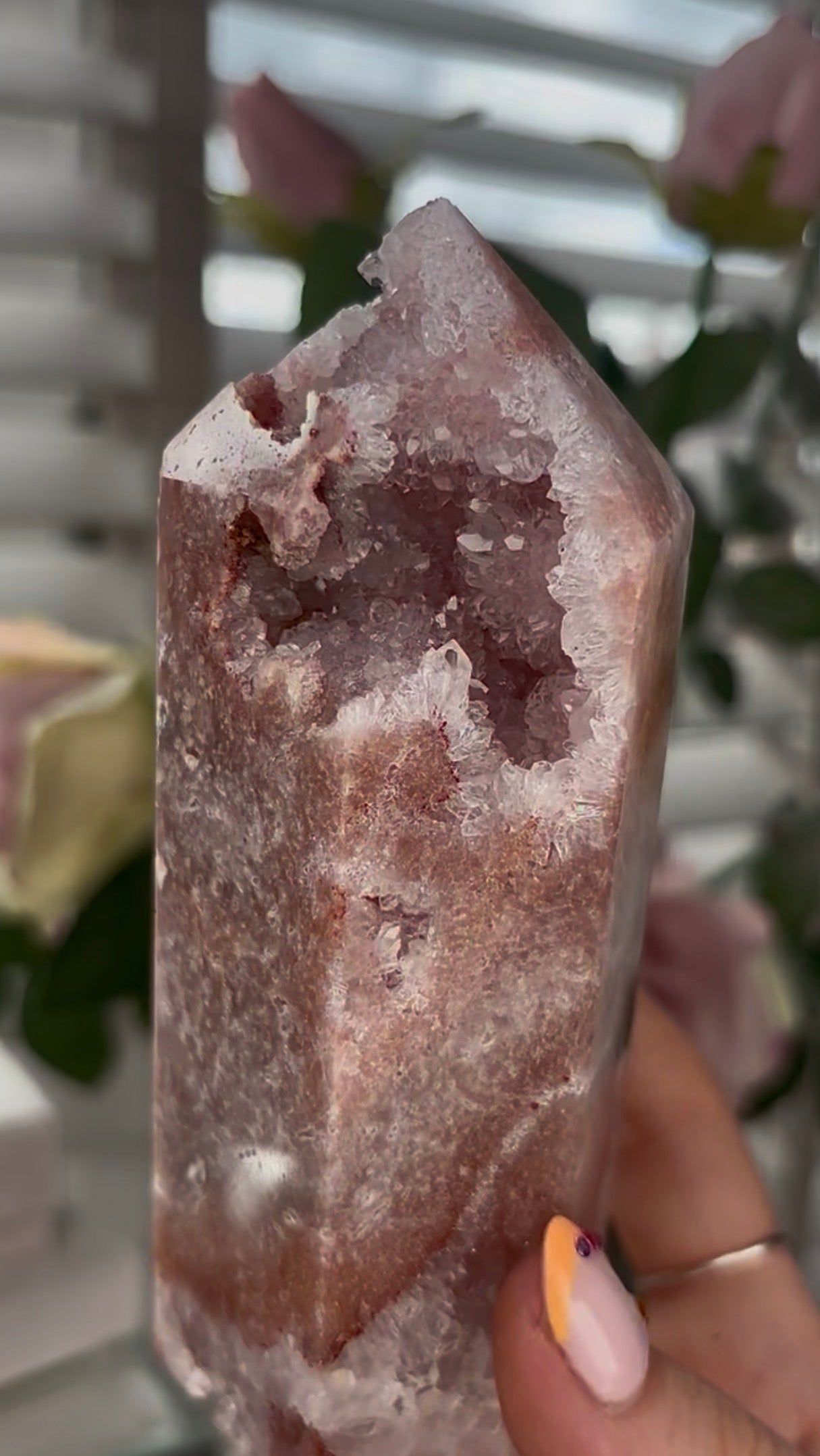 Pretty, Pink amethyst tower with quartz druzy
