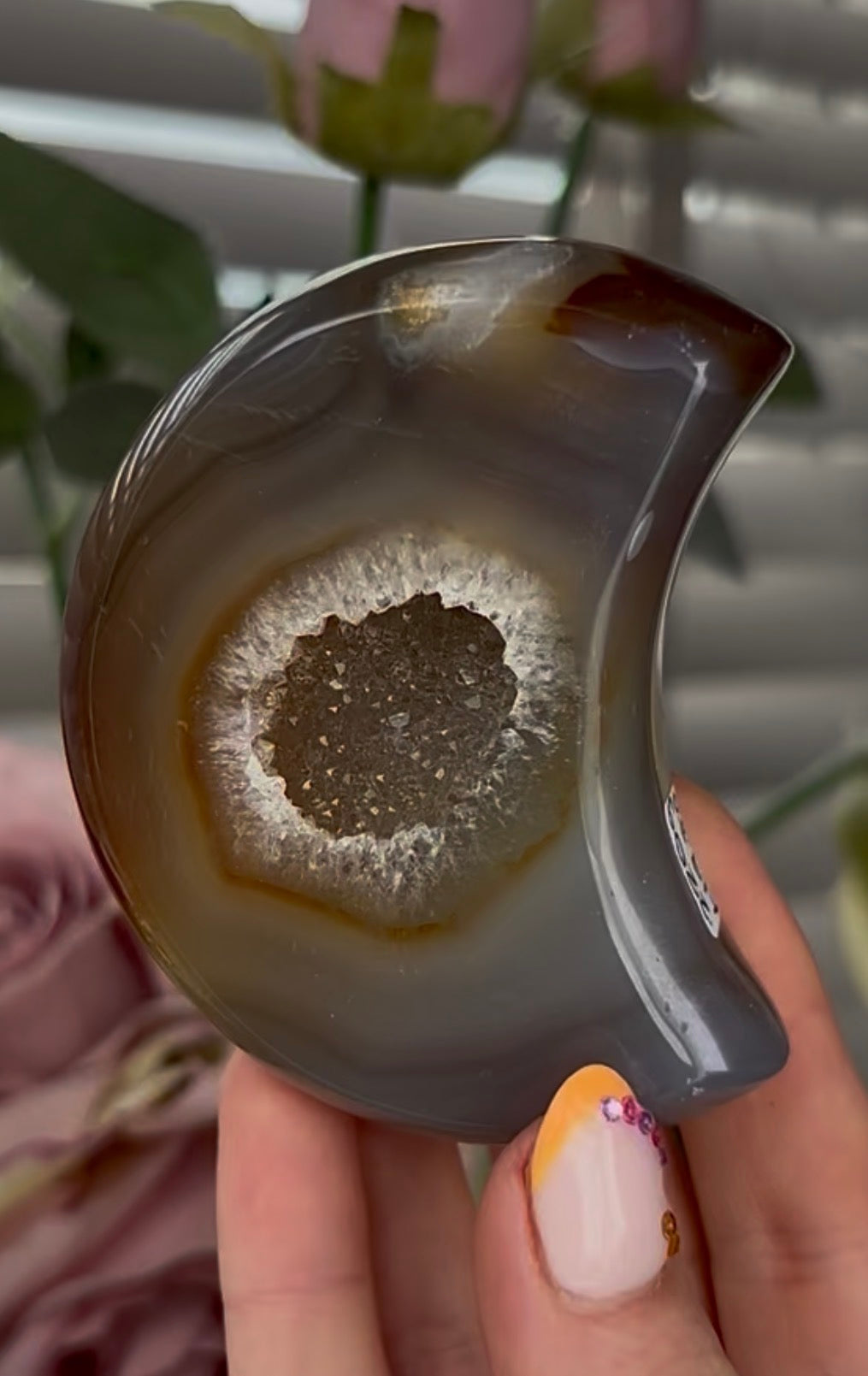 Beautiful, high grade, agate moon with druzy - comes with stand