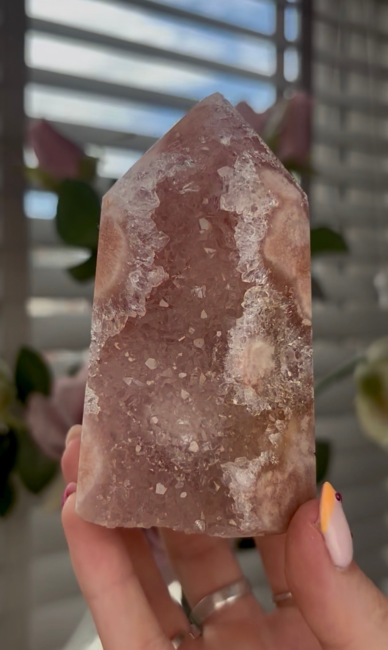 Beautiful, high quality, Pink amethyst tower in peach tone