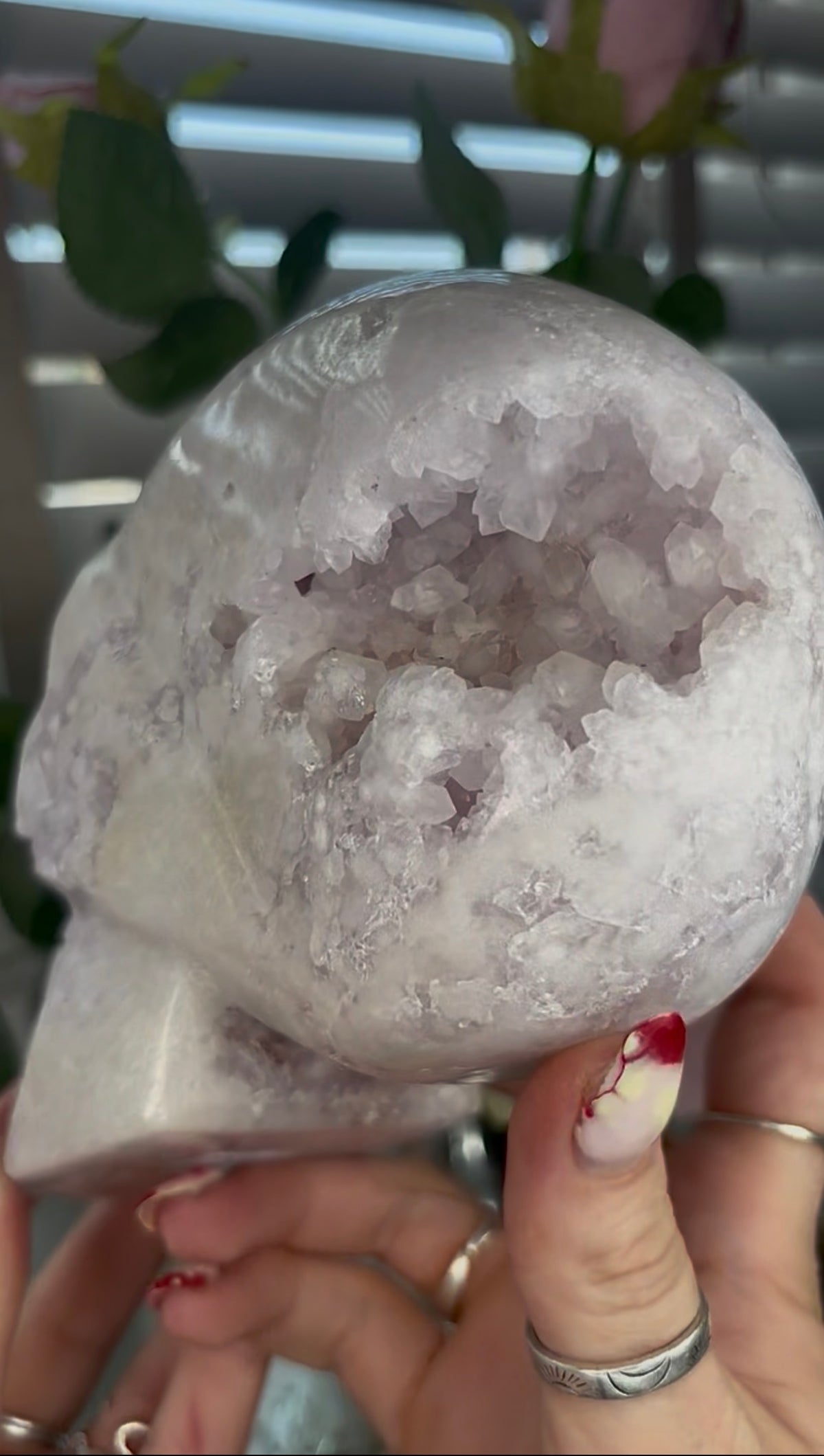 High grade, pink amethyst skull carving with chunky druzy