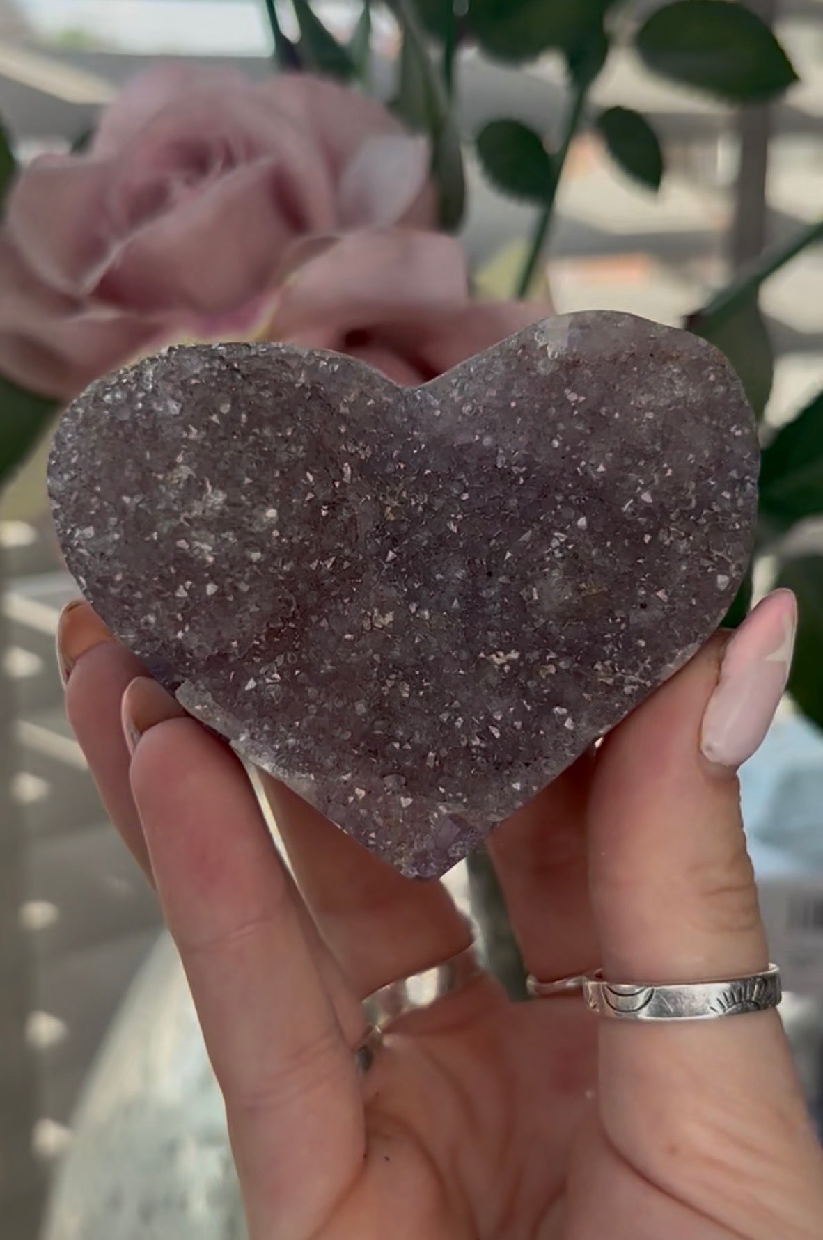 Uruguay, rainbow amethyst heart - comes with stand in lilac tones