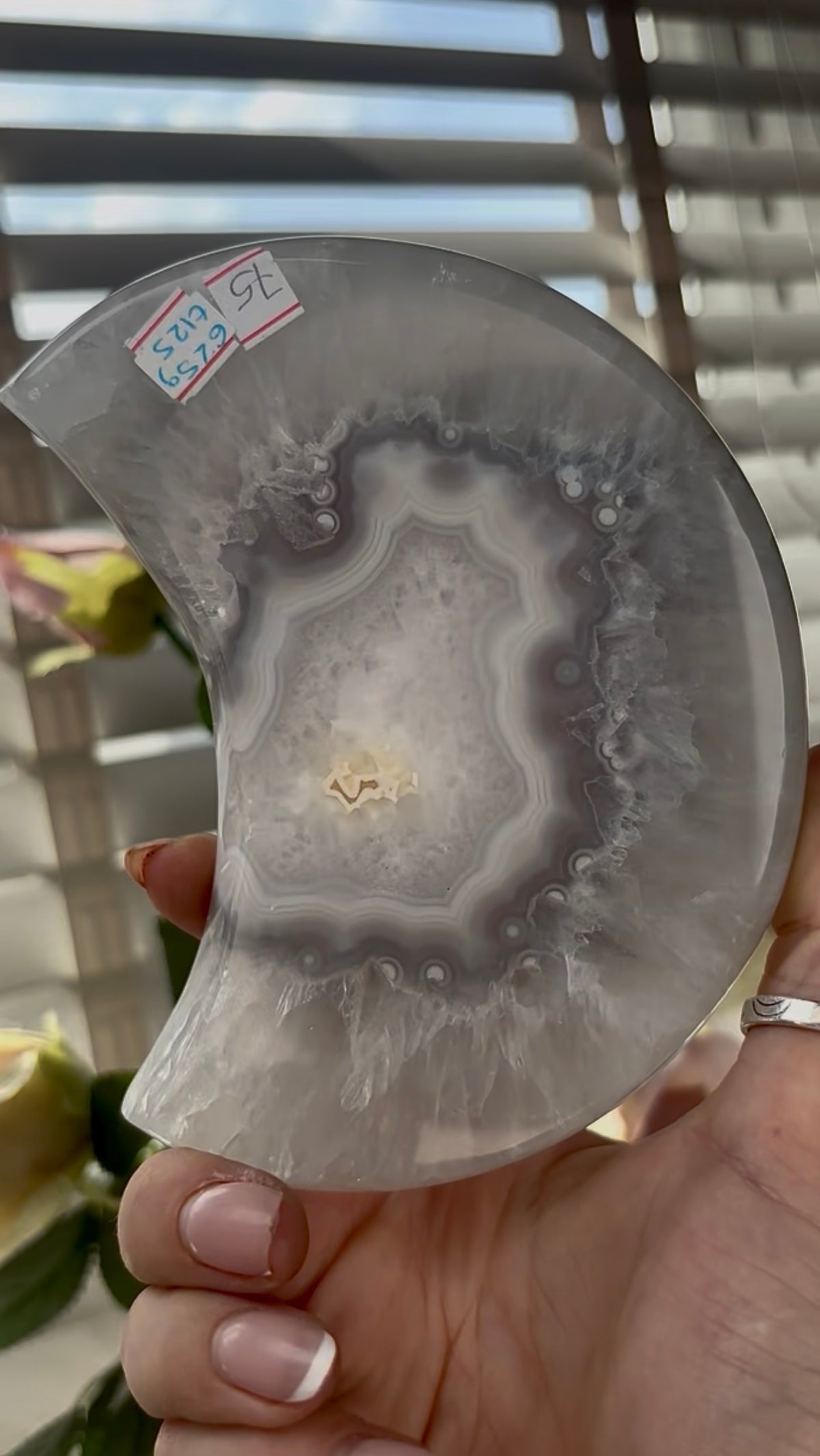 Beautiful, high grade, agate moon with druzy - comes with stand
