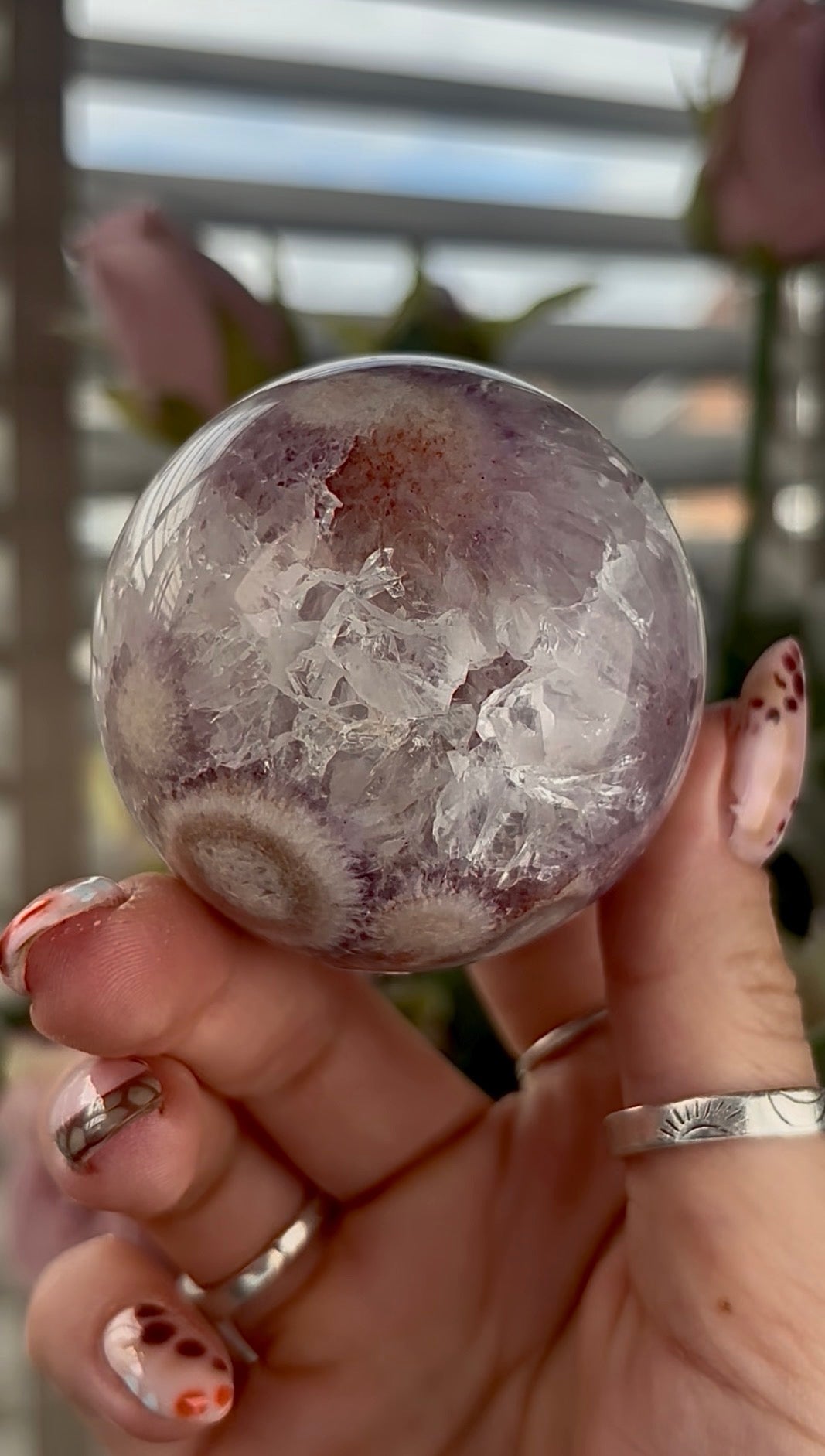 High grade, amethyst Flower agate sphere with high clarity quartz