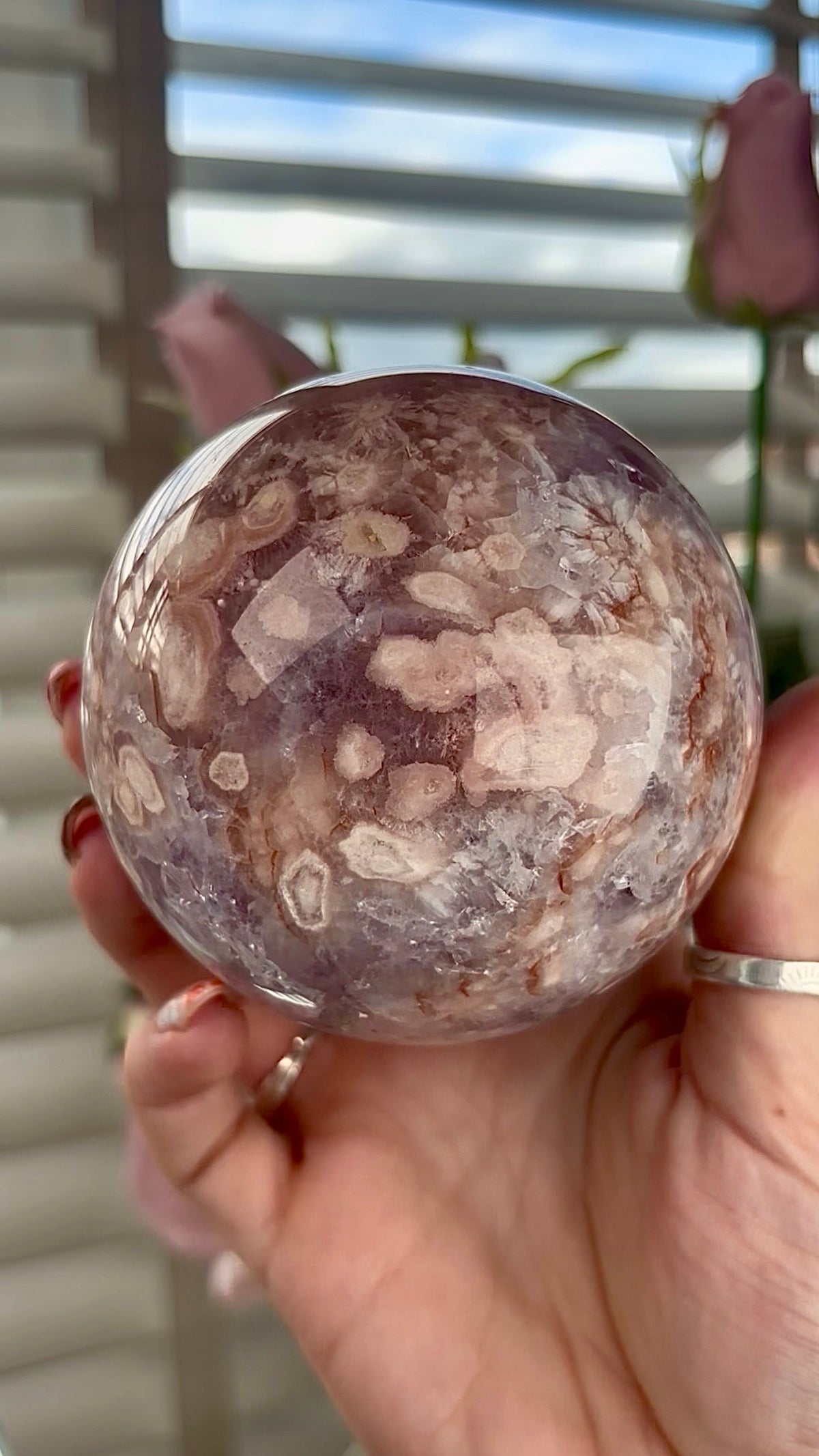 High grade, amethyst Flower agate sphere with high clarity quartz