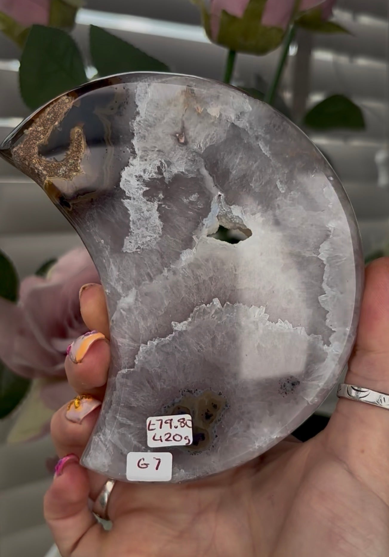 Beautiful, high grade, agate moon with druzy - stand included