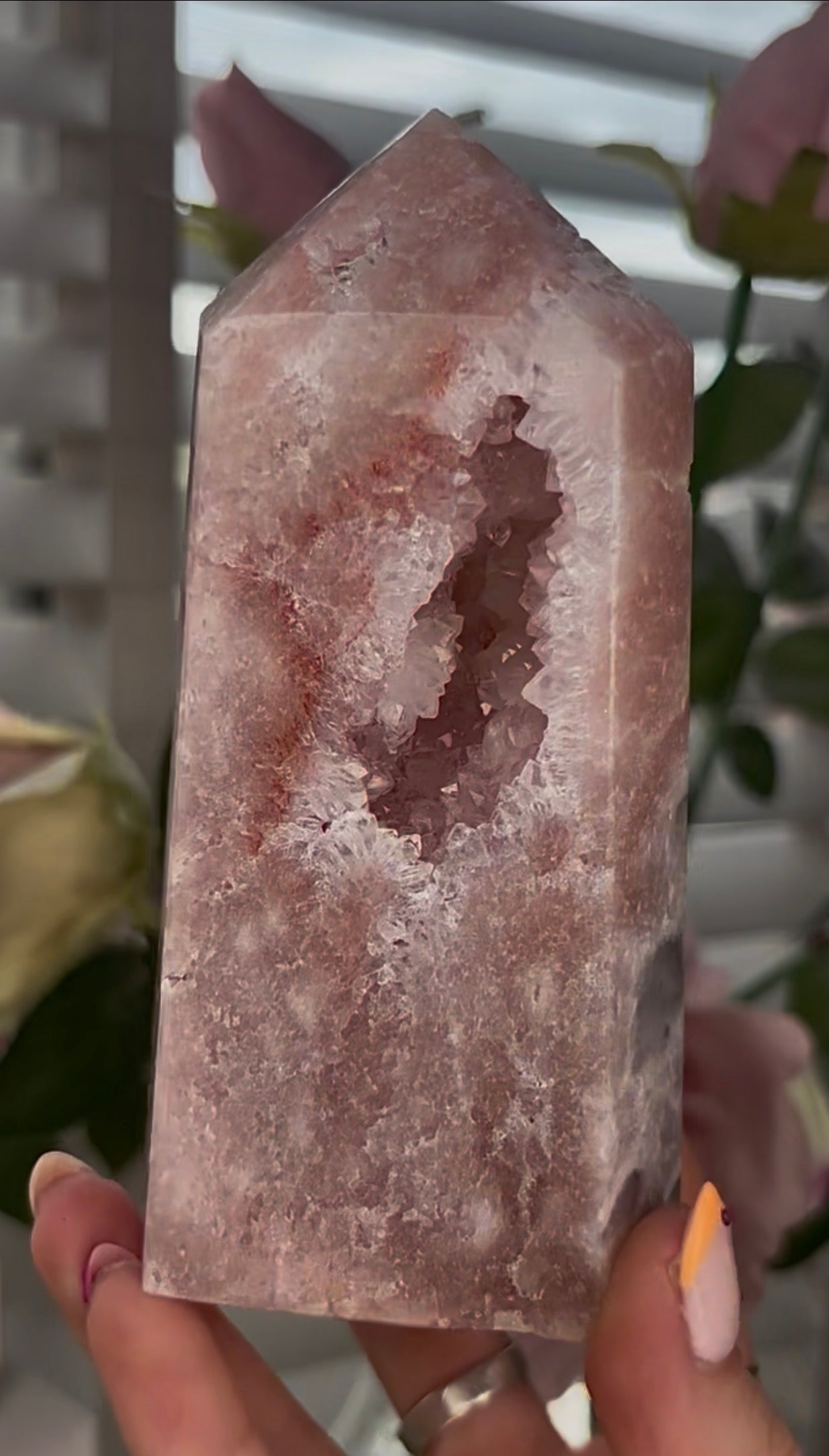 Pretty, Pink amethyst tower, with quartz druzy
