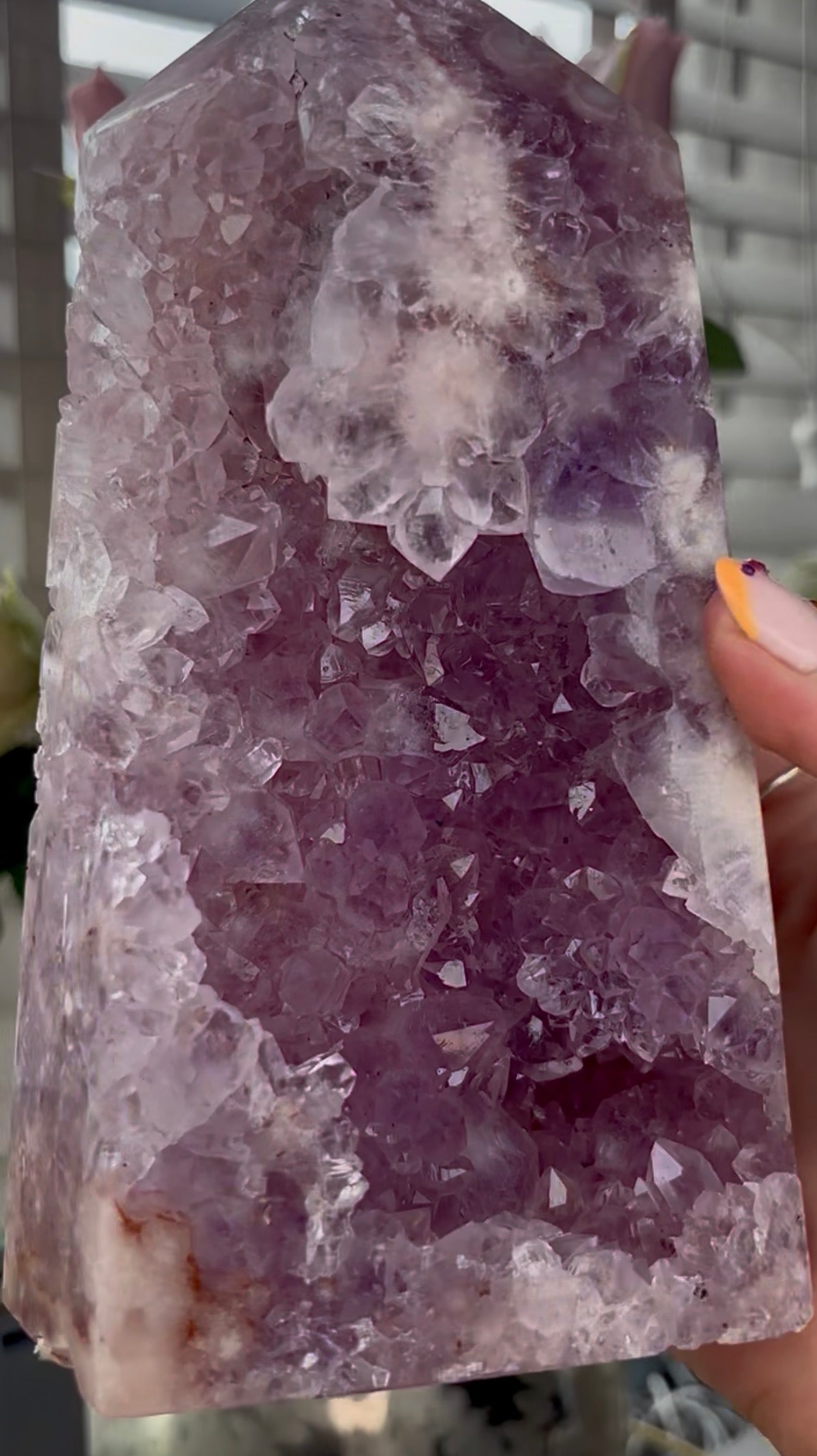 Beautiful, large, high quality, Pink amethyst tower with lilac tone quartz 20.5cm by 11cm