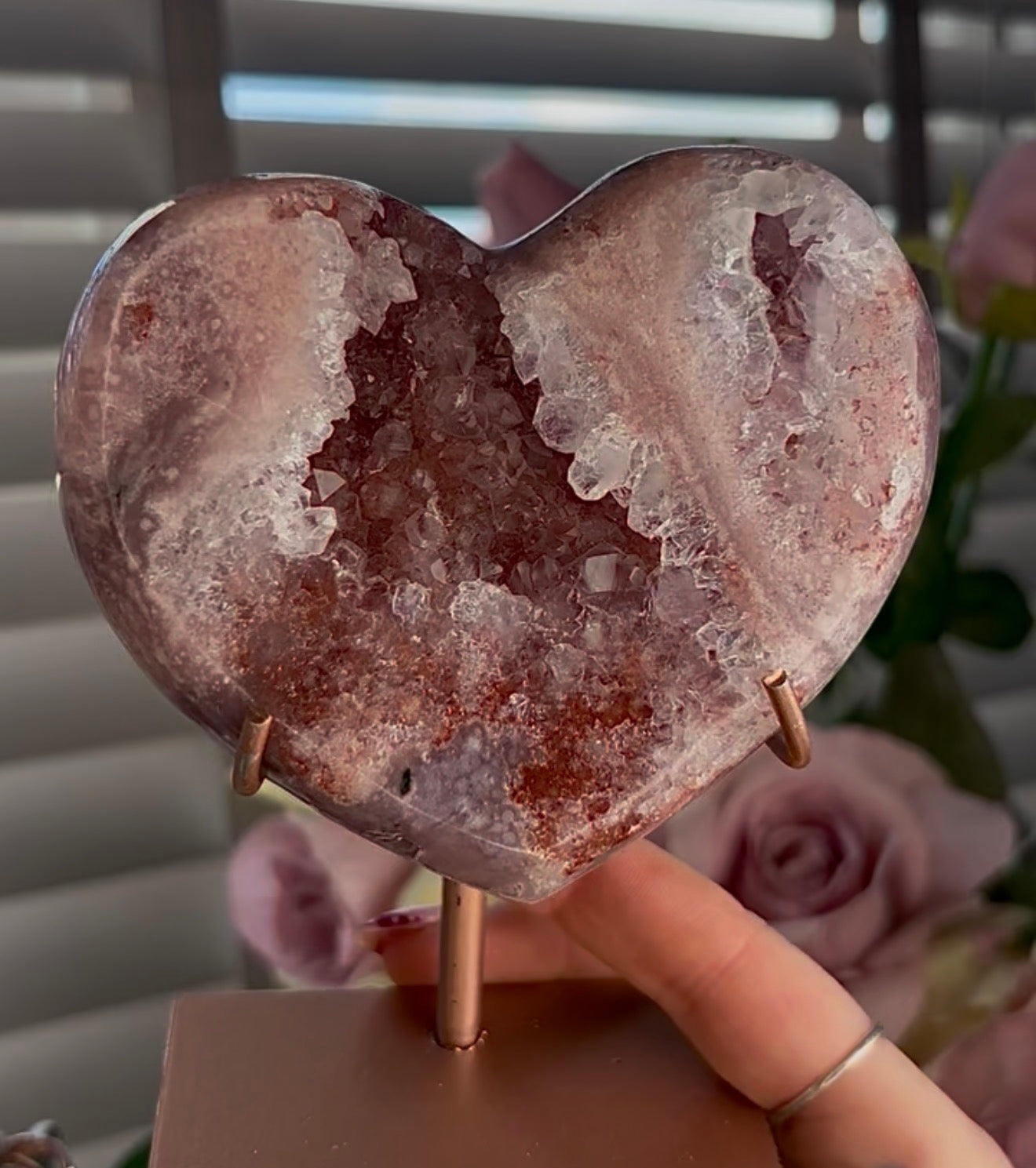 High quality pink amethyst heart - comes with stand