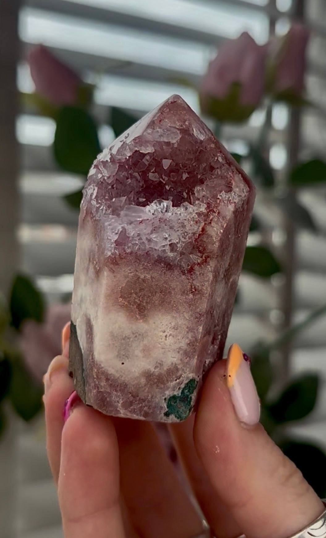 High quality, Pink amethyst tower, with quartz top & Green jasper
