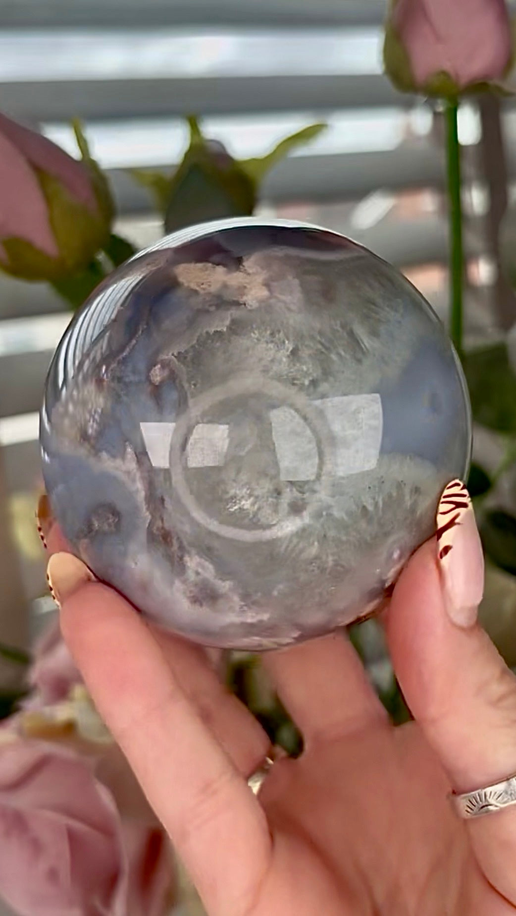 Stunning!! Super high quality, Druzy, green chlorite x blue flower agate sphere