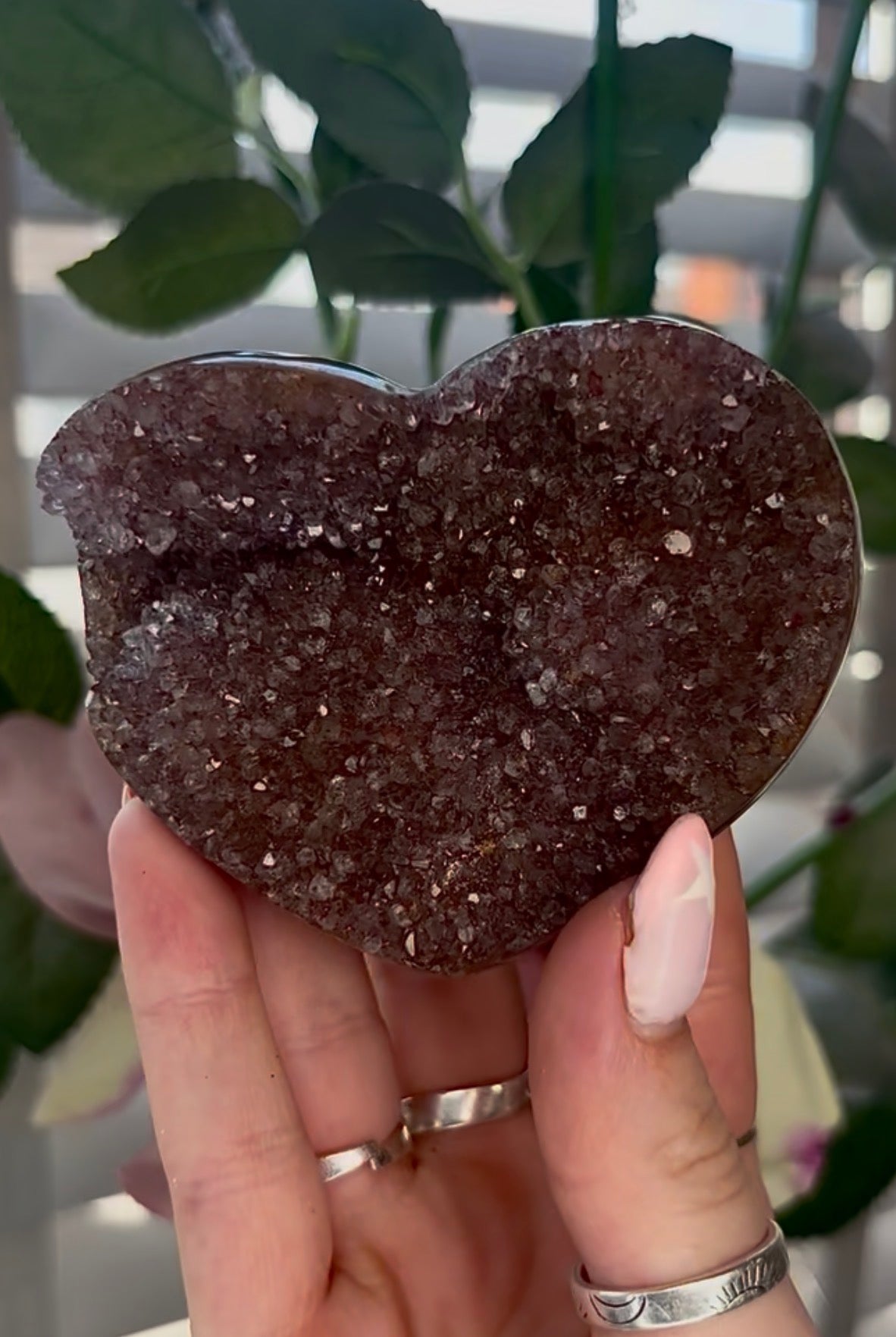 Uruguay, rainbow amethyst heart - comes with stand in purple berry tones