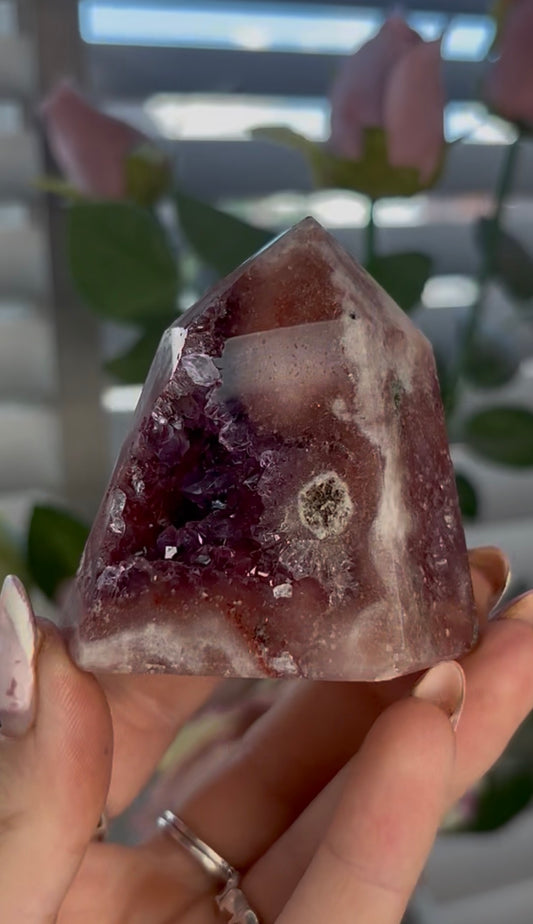 Beautiful, high quality, Pink amethyst tower with purple quartz & Green jasper