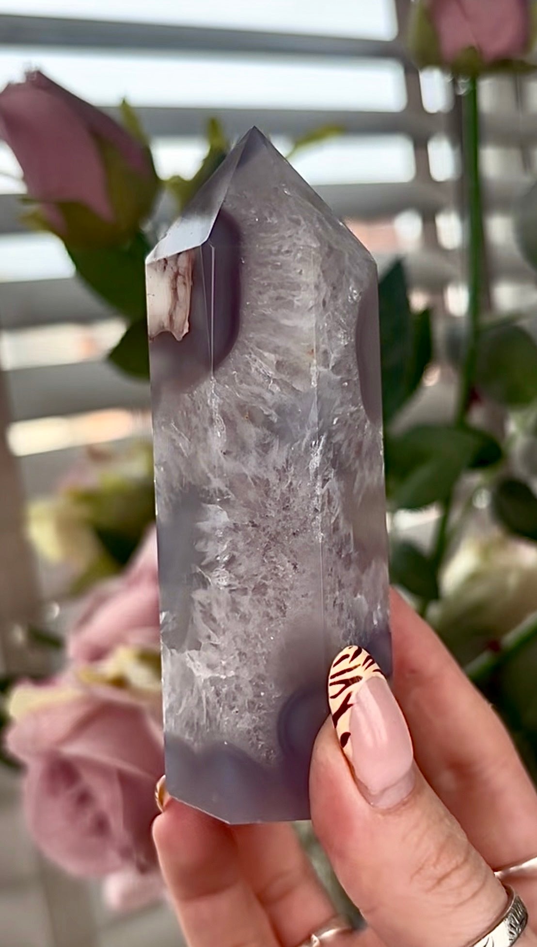 Stunning!! Super high quality, Druzy, green chlorite x blue flower agate tower