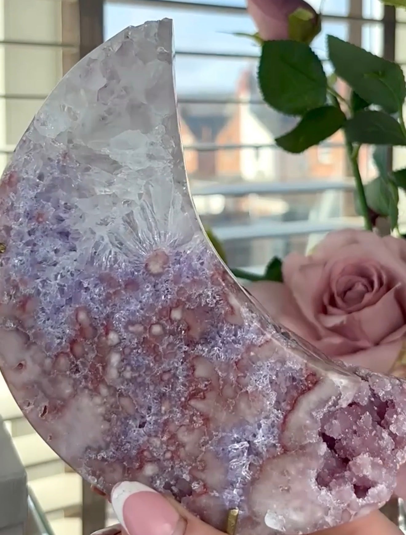 High grade, pink amethyst moon with quartz - comes with stand