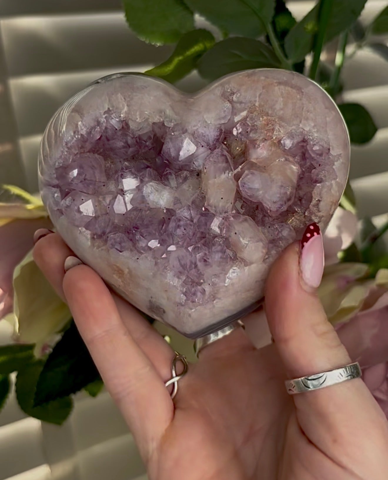 Gorgeous pink amethyst heart with agate and chunky bubble gum Druze  - comes with stand