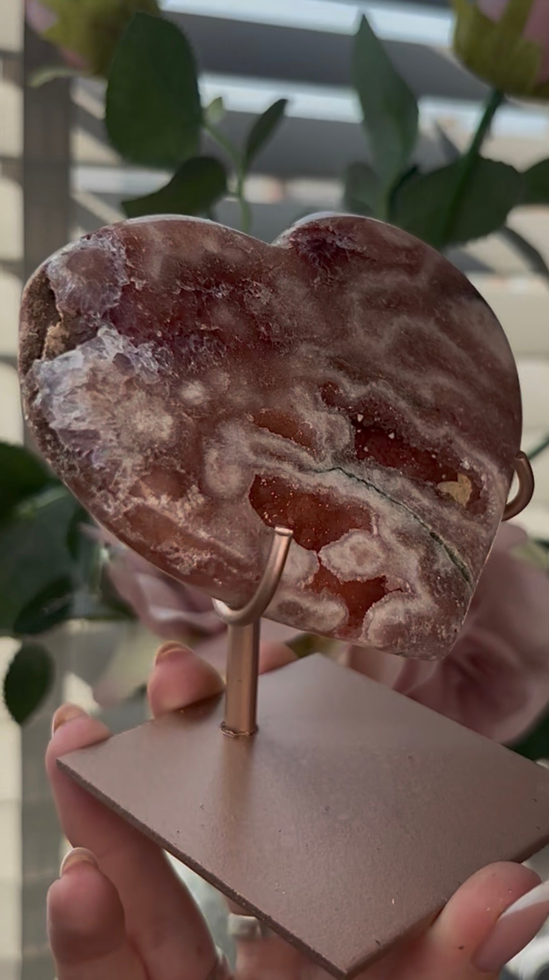 Gorgeous, pink amethyst heart with Jasper - comes with stand
